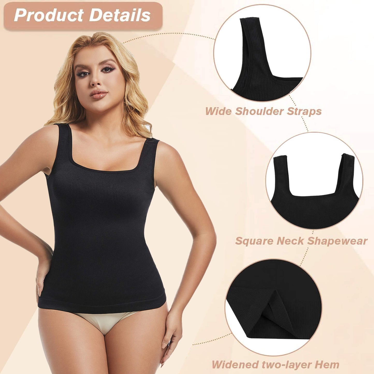 ANYFIT WEAR Women's Square Neck Tummy Control Shapewear Ribbed Tank Tops Compression Camisole Slimming Body Shaper