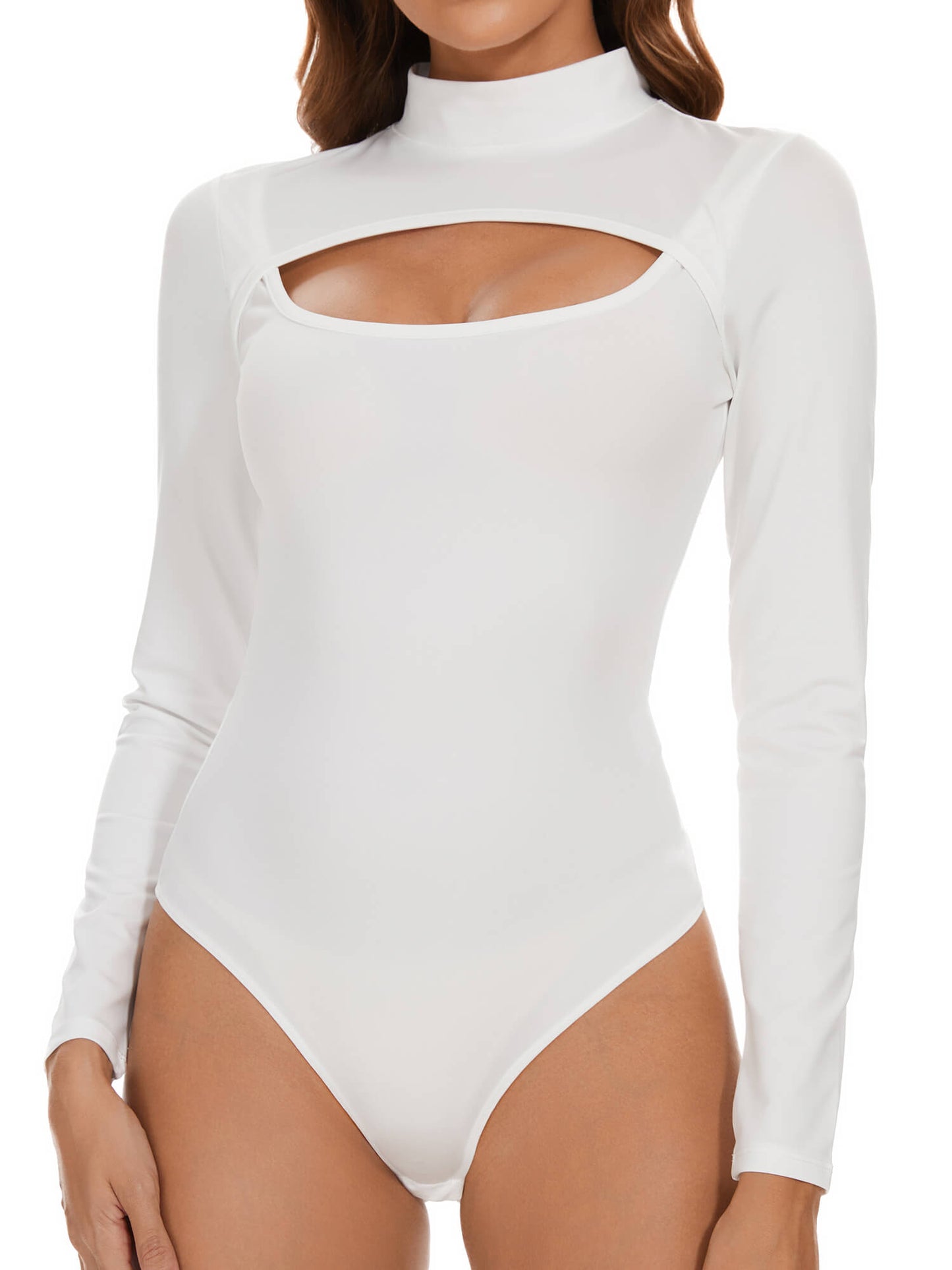 MANIFIQUE Mock Neck Cutout Front T Shirt Long Sleeve Bodysuit for Women