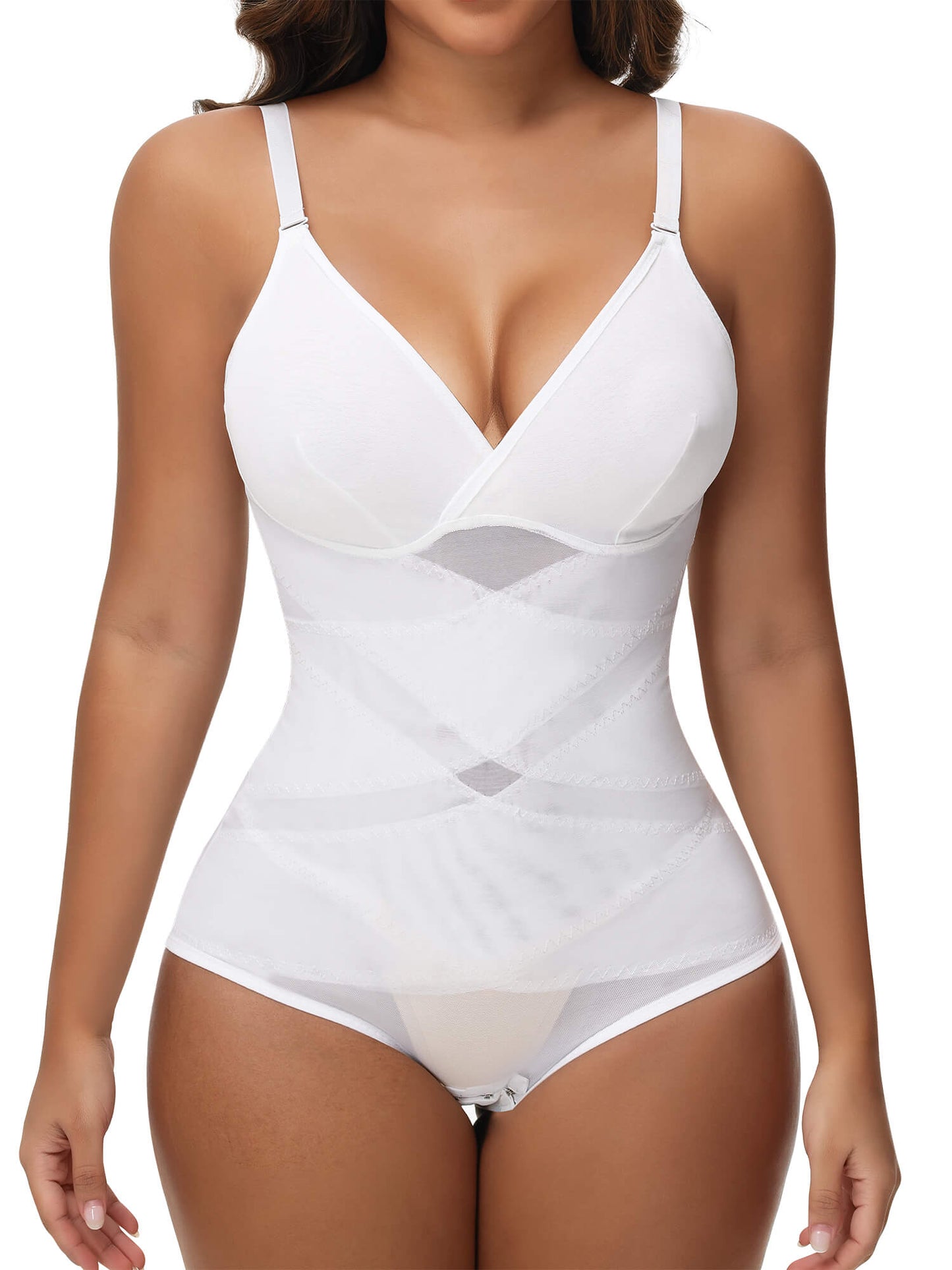 MANIFIQUE Shapewear Bodysuit for Women Tummy Control Body Shaper V-Neck Cami Bodysuit with Built in Bra