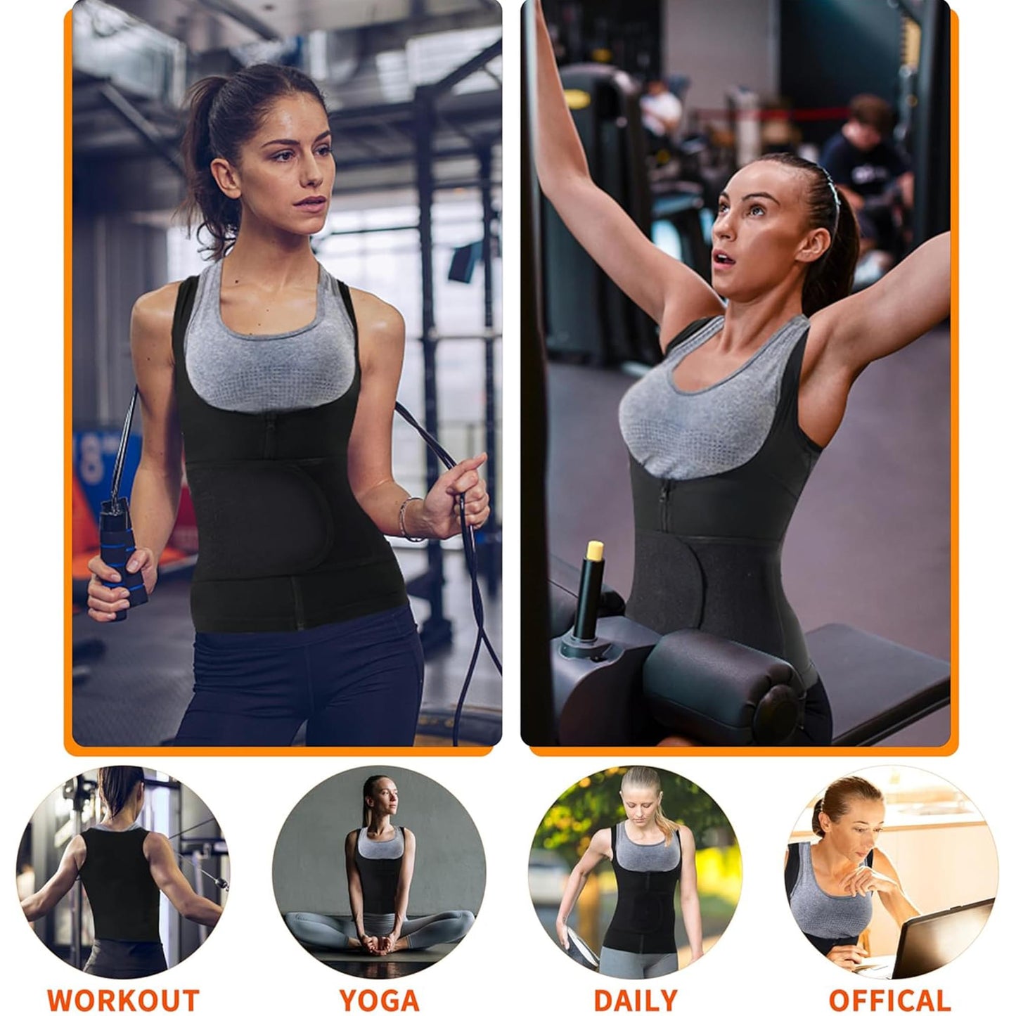 COMFREE Women Sauna Suit Waist Trainer Vest With Zipper Sweat Tank Top Body Shaper With Trimmer Belt