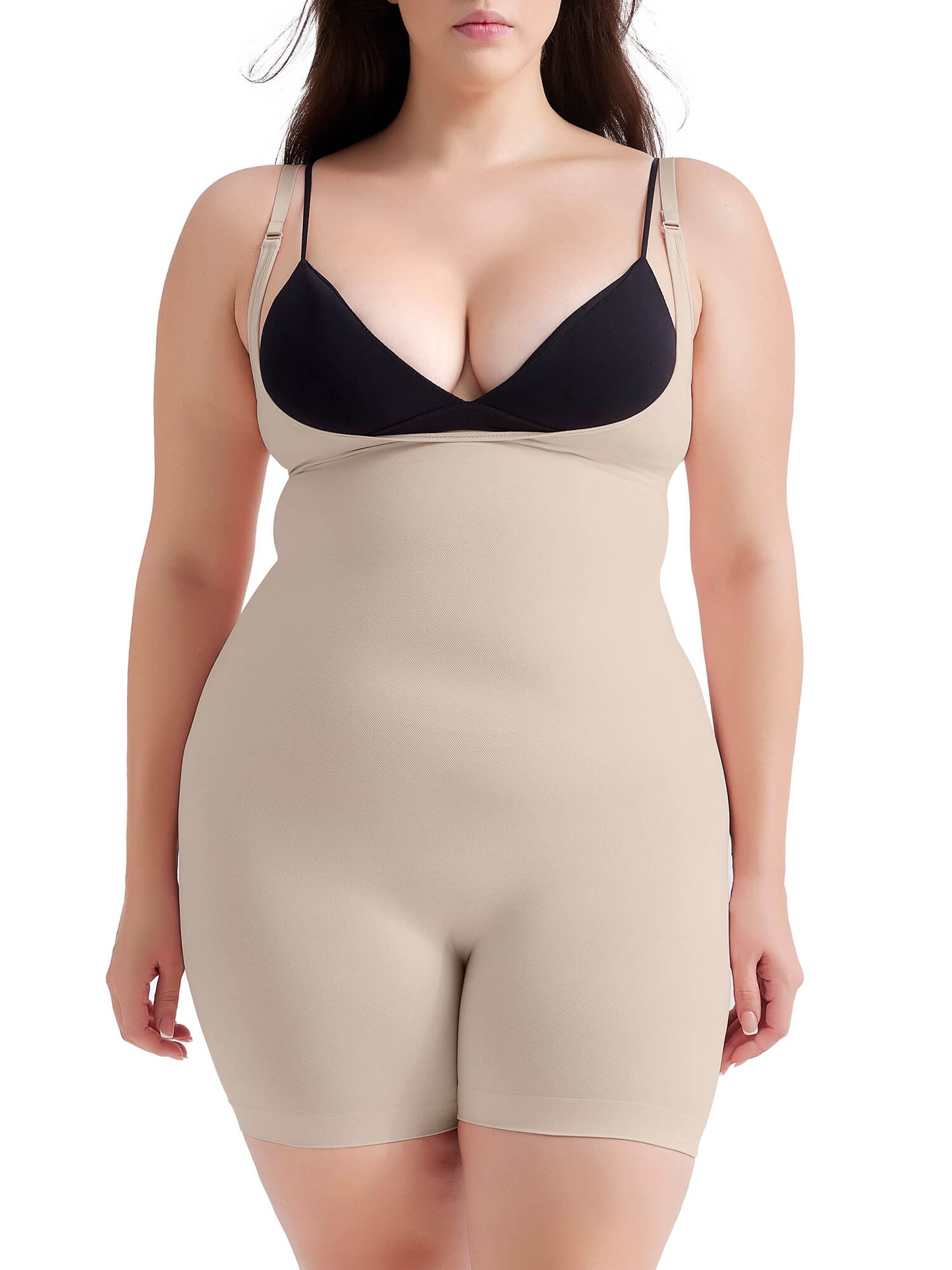 MANIFIQUE Plus Size Open-Bust Shapewear Tummy Control Mid-Thigh Bodysuit, High-Waist Thigh Slimmer, Shapewear for Women