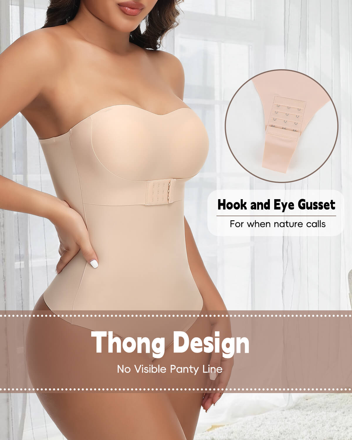 MANIFIQUE Strapless Shapewear Bodysuit Tummy Control for Women Faja Strapless Cupped Thong Bodysuit