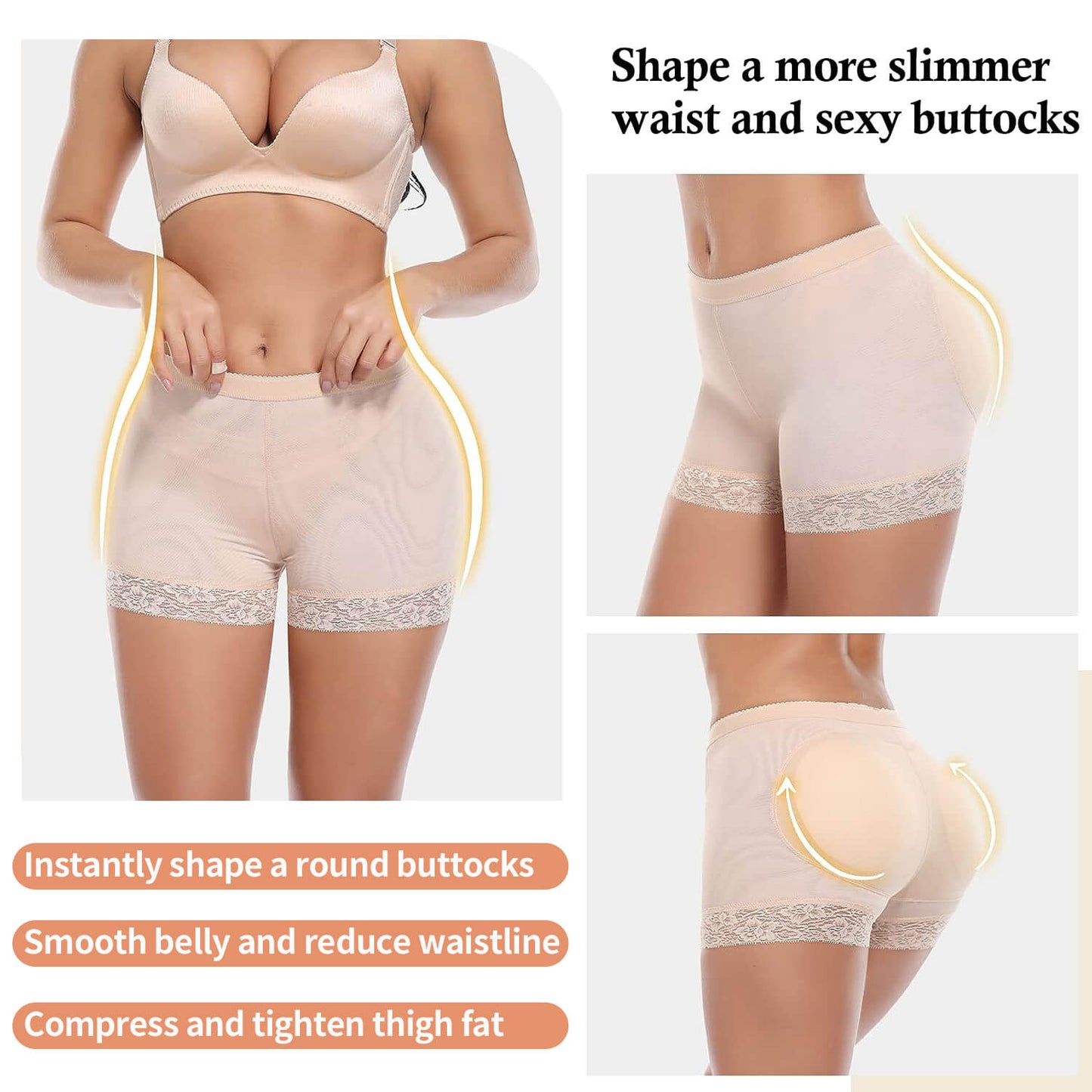 MANIFIQUE Padded Underwear for Women Butt Lifter Seamless Booty Pads Butt Enhancer Panties Lace Shapewear Boyshorts