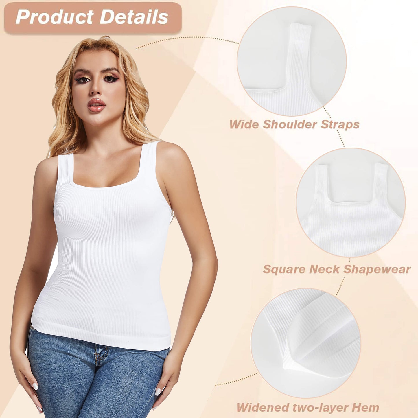 ANYFIT WEAR Women's Square Neck Tummy Control Shapewear Ribbed Tank Tops Compression Camisole Slimming Body Shaper
