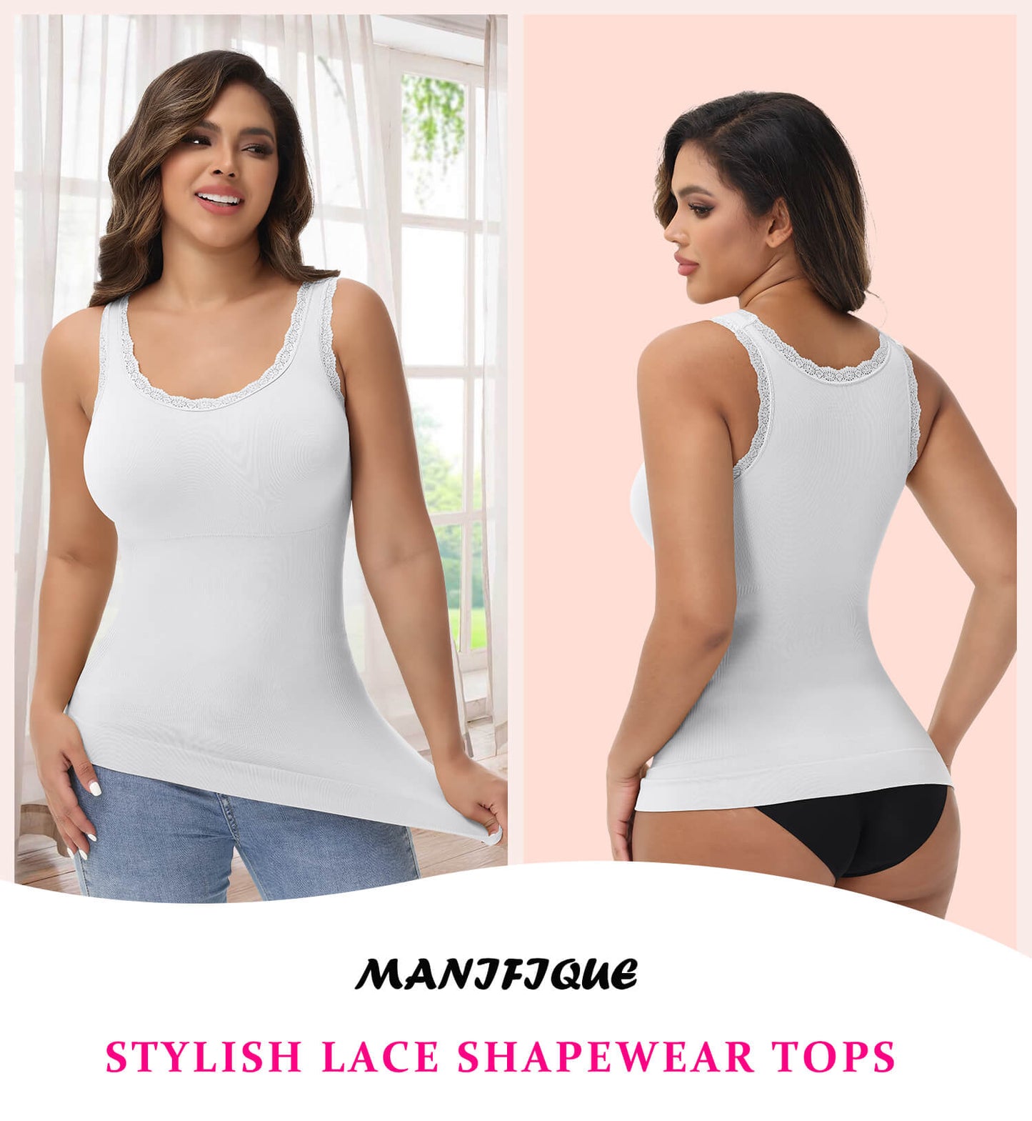 MANIFIQUE 2 Packs Women Tummy Control Shapewear Lace Tank Tops Seamless Compression Tops Slimming Body Shaper Camisole