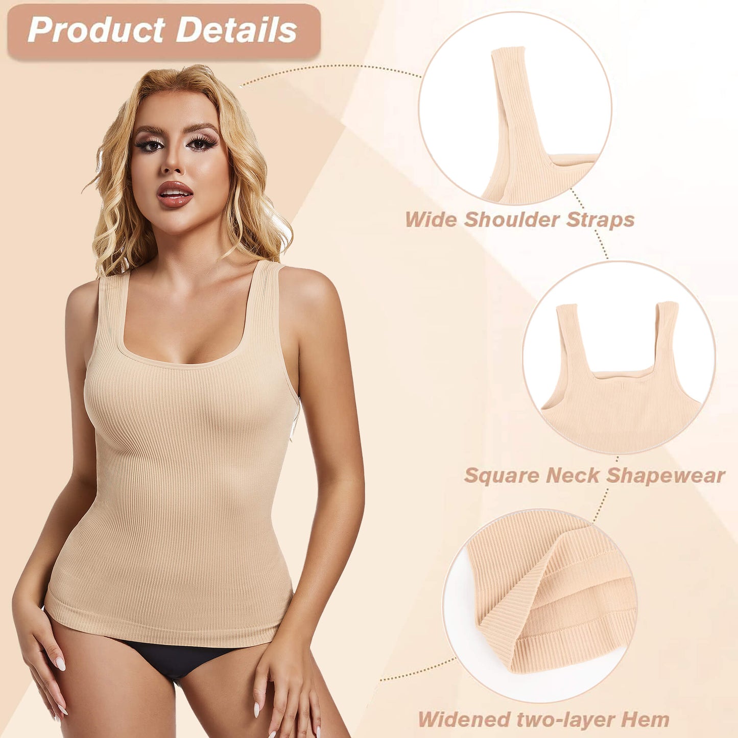 ANYFIT WEAR Women's Square Neck Tummy Control Shapewear Ribbed Tank Tops Compression Camisole Slimming Body Shaper