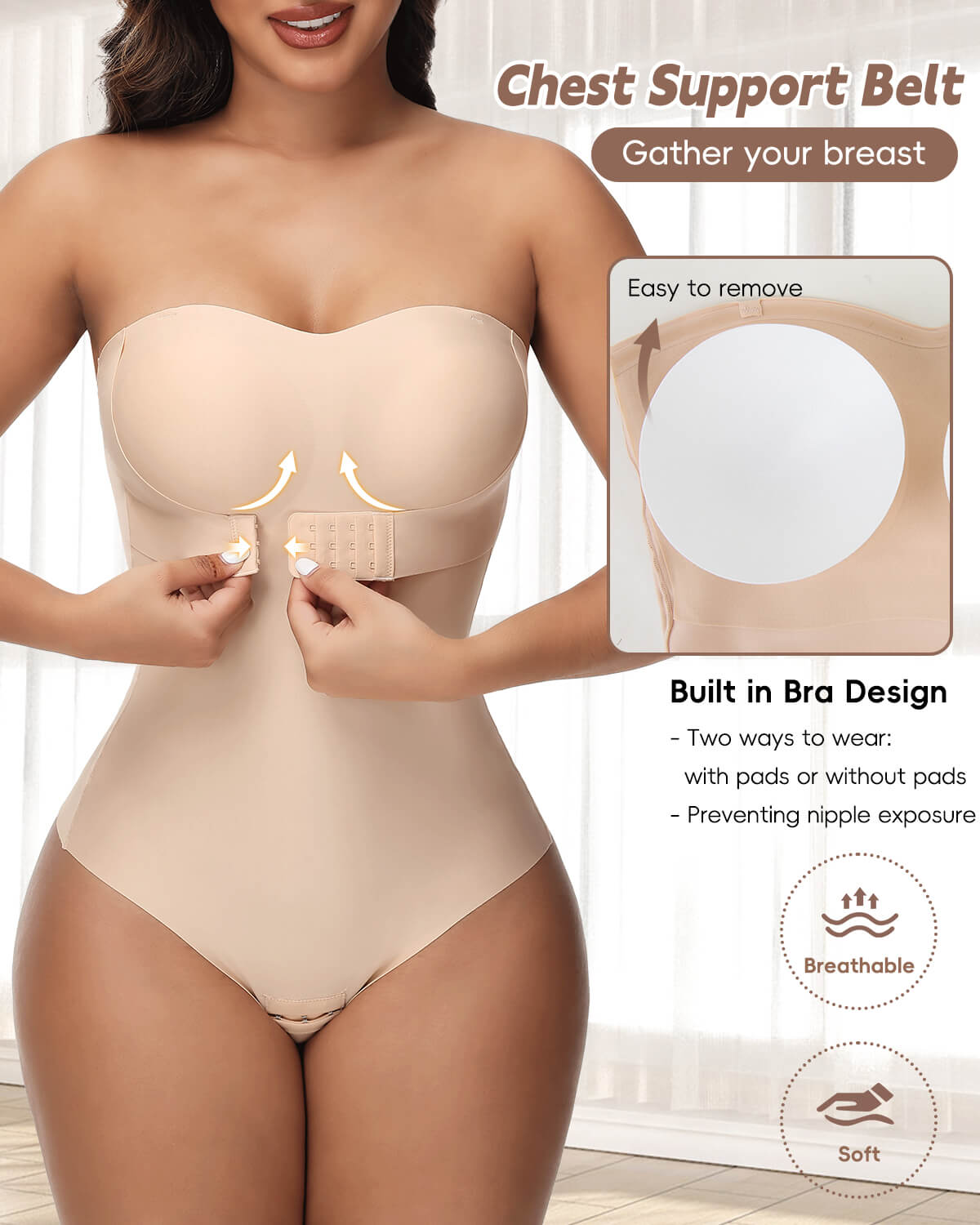 MANIFIQUE Strapless Shapewear Bodysuit Tummy Control for Women Faja Strapless Cupped Thong Bodysuit