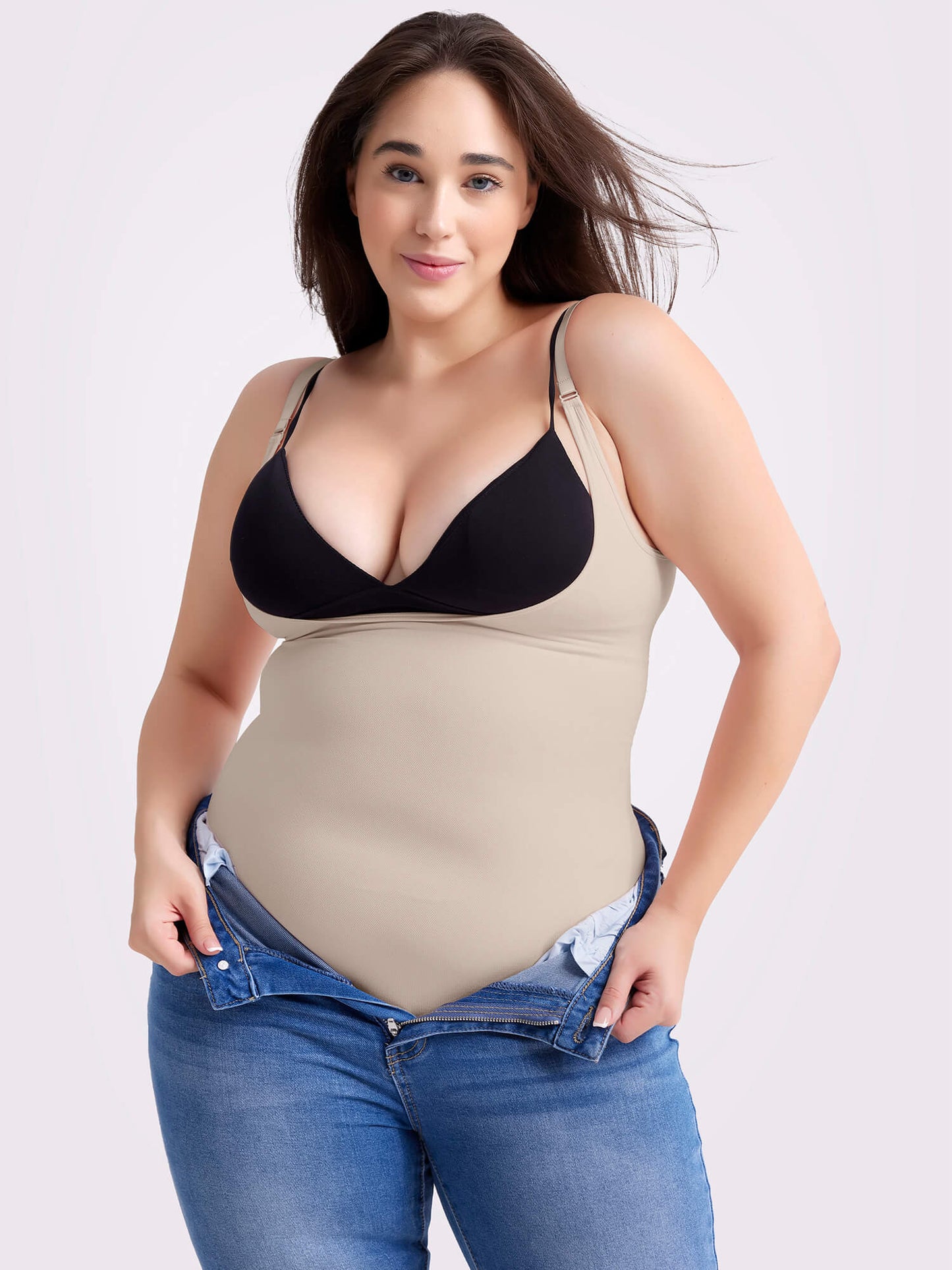 MANIFIQUE Plus Size Open-Bust Shapewear Tummy Control Mid-Thigh Bodysuit, High-Waist Thigh Slimmer, Shapewear for Women