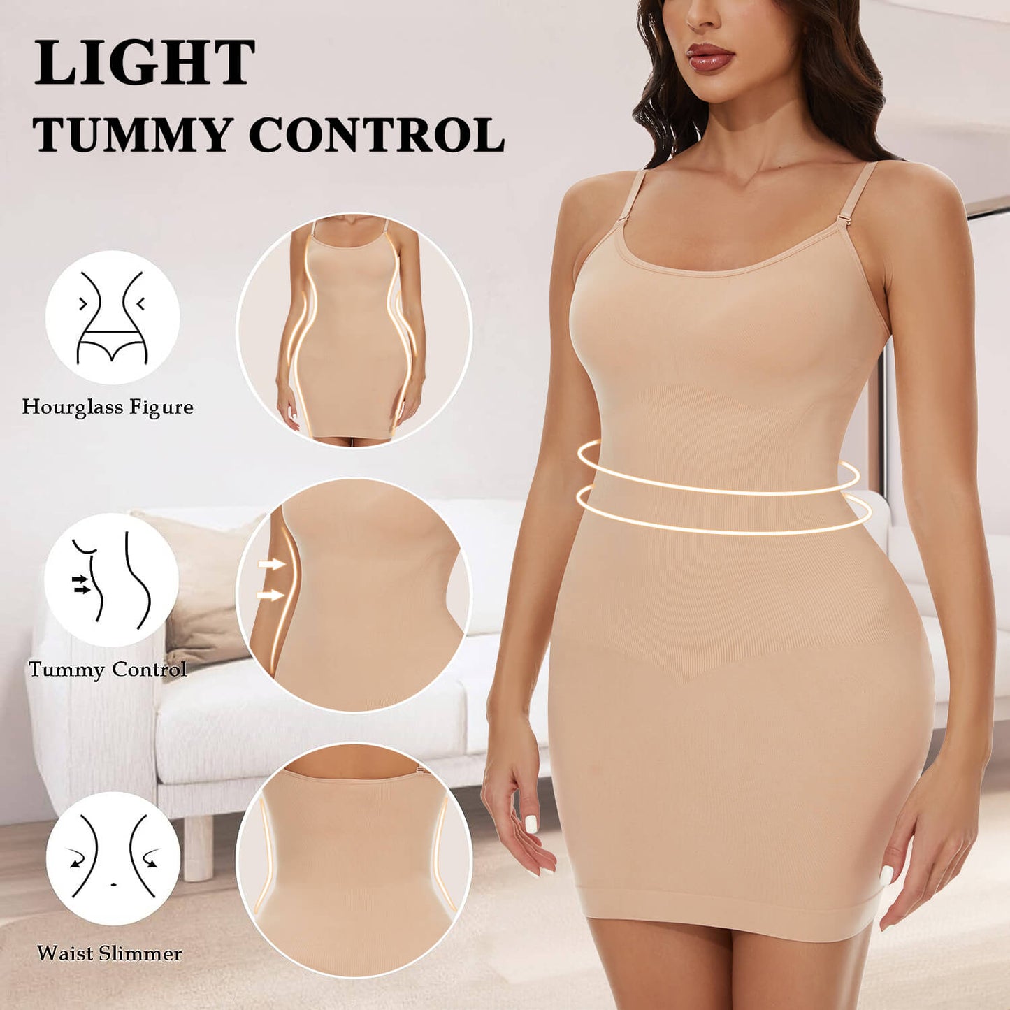 MANIFIQUE Shapewear Slips for Under Dresses Women's Tummy Control Body Shaper Slimming Seamless Cami Slip