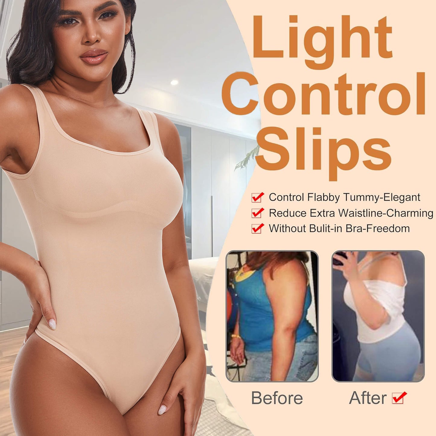 ANYFIT WEAR Backless Square Neck Bodysuit Shapewear for Women Full Body Shaper Tummy Control Butt Lifting Seamless Slimming Tank Top