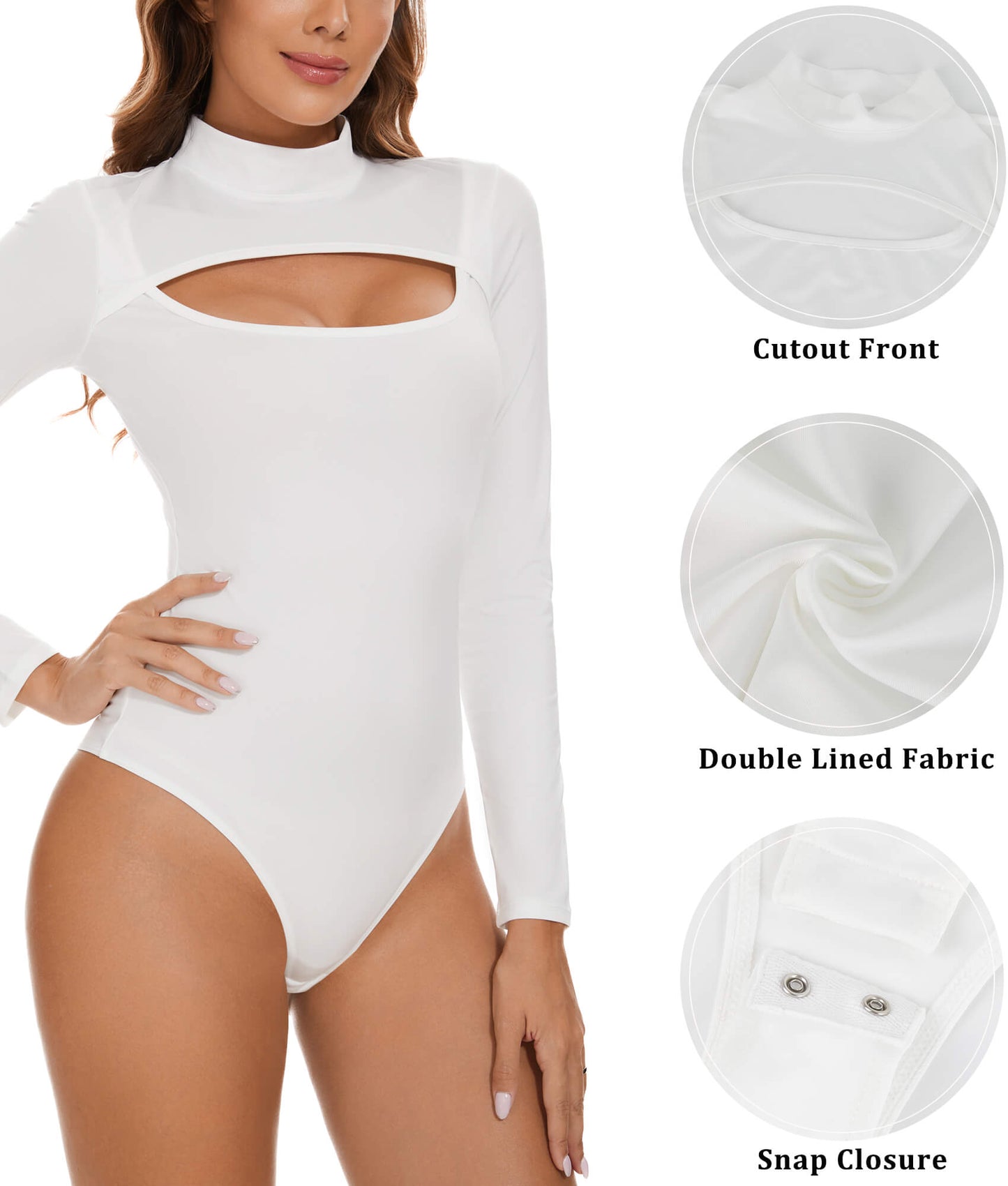 MANIFIQUE Mock Neck Cutout Front T Shirt Long Sleeve Bodysuit for Women