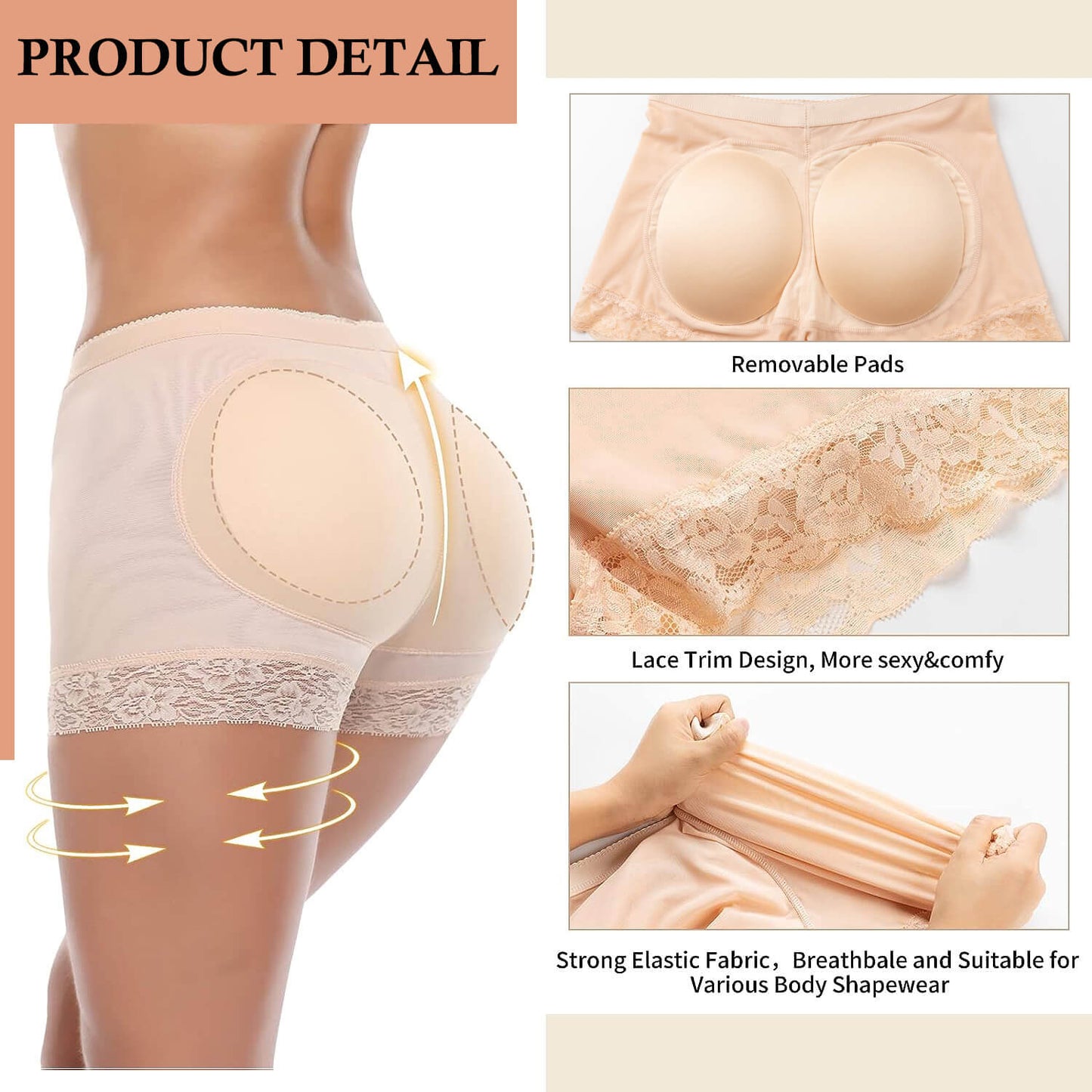 MANIFIQUE Padded Underwear for Women Butt Lifter Seamless Booty Pads Butt Enhancer Panties Lace Shapewear Boyshorts