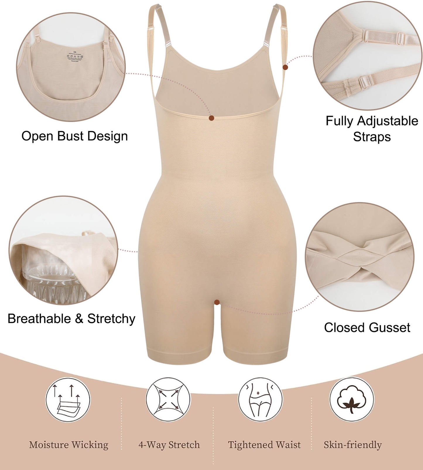 MANIFIQUE Plus Size Open-Bust Shapewear Tummy Control Mid-Thigh Bodysuit, High-Waist Thigh Slimmer, Shapewear for Women
