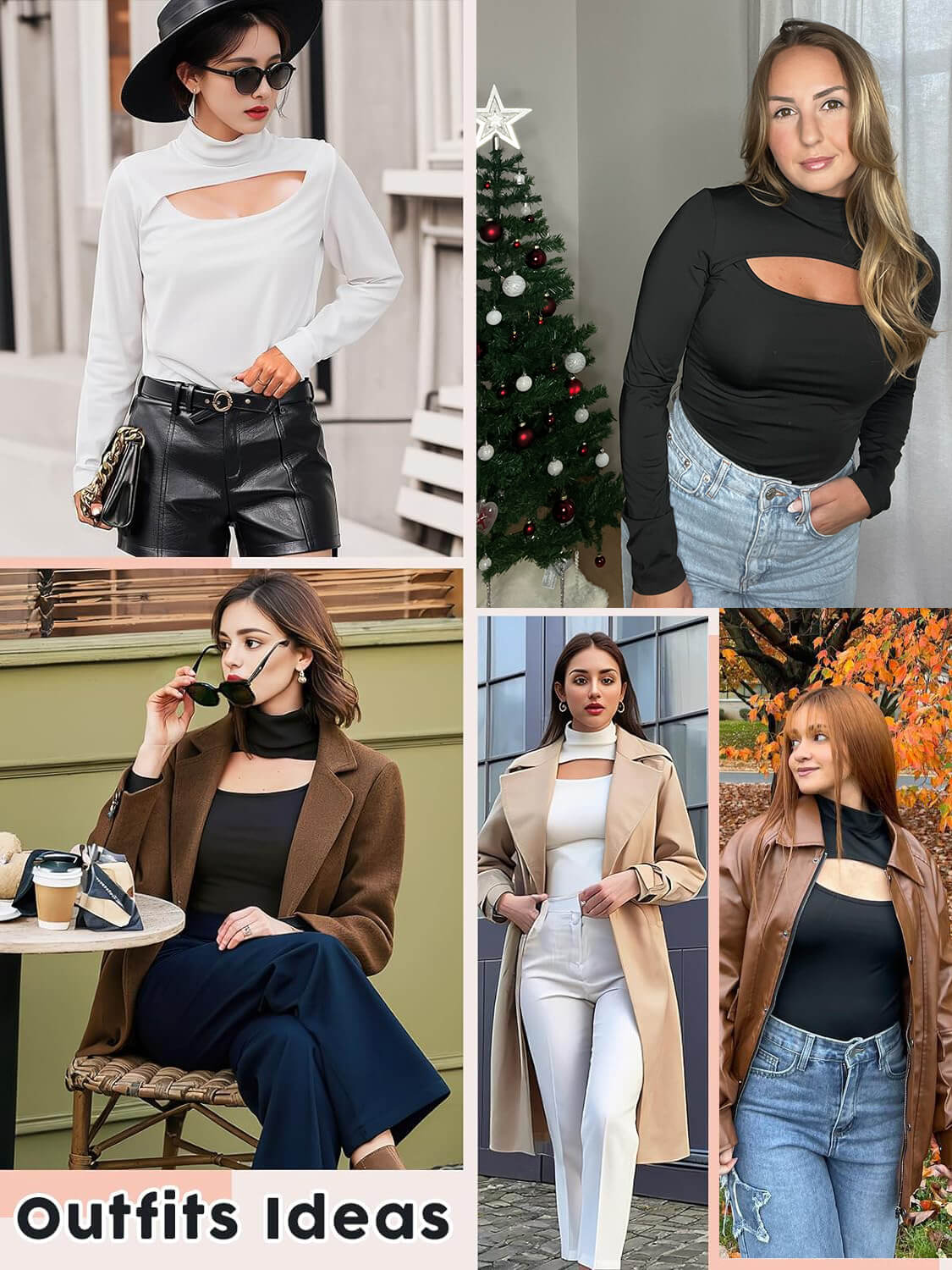 MANIFIQUE Mock Neck Cutout Front T Shirt Long Sleeve Bodysuit for Women