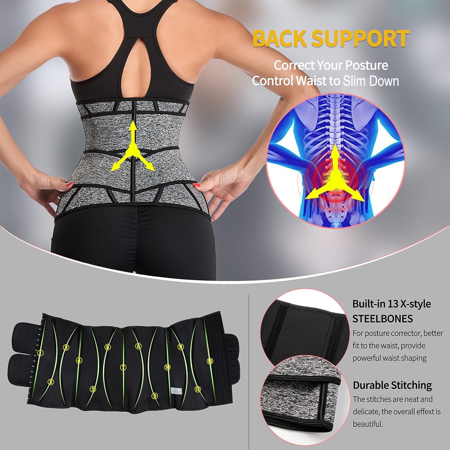 MANIFIQUE Waist Trainer for Women Shapewear Tummy Control Neoprene Workout 2 Belt With Hook 13 Steel Bones for Postpartum Gym