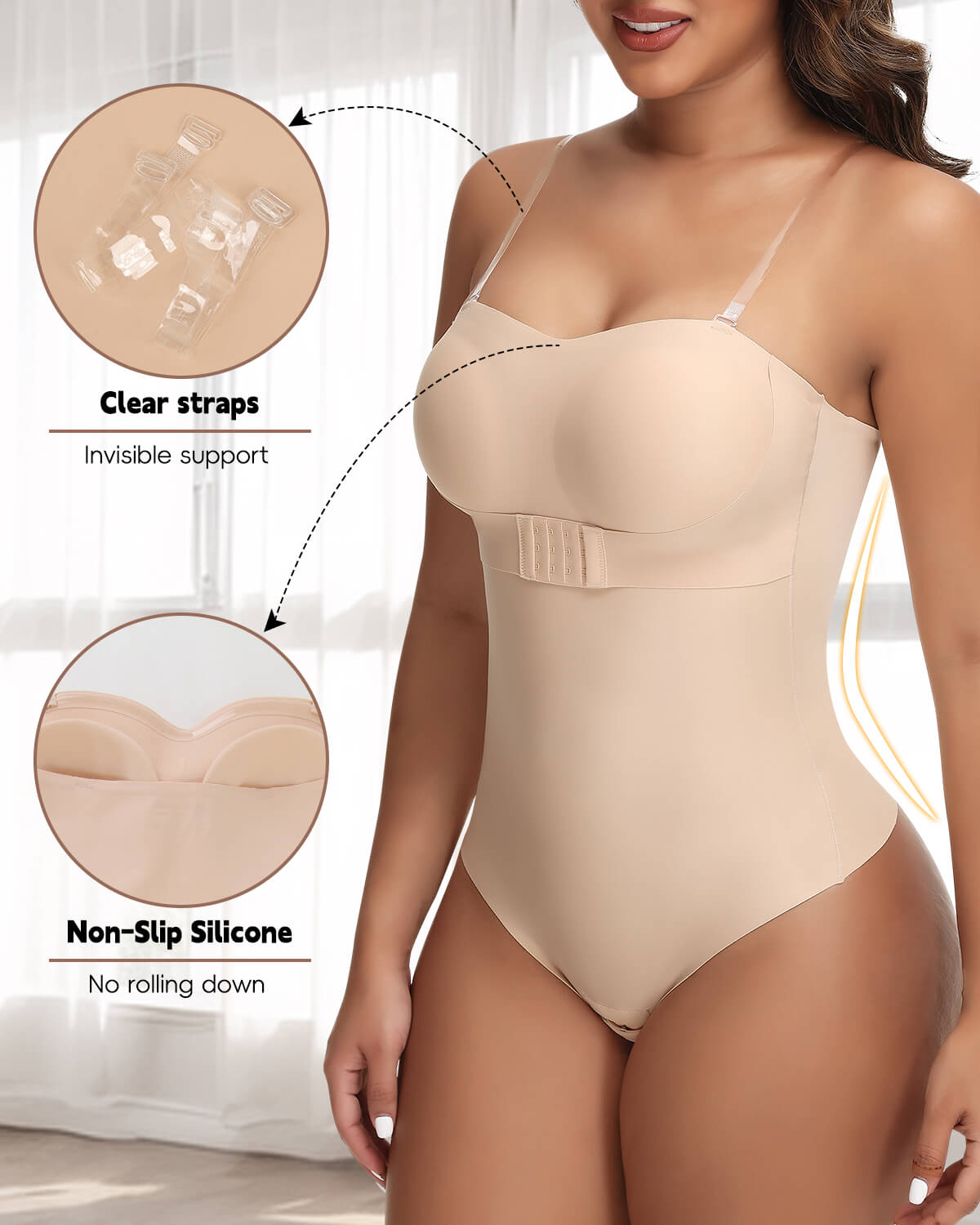 MANIFIQUE Strapless Shapewear Bodysuit Tummy Control for Women Faja Strapless Cupped Thong Bodysuit