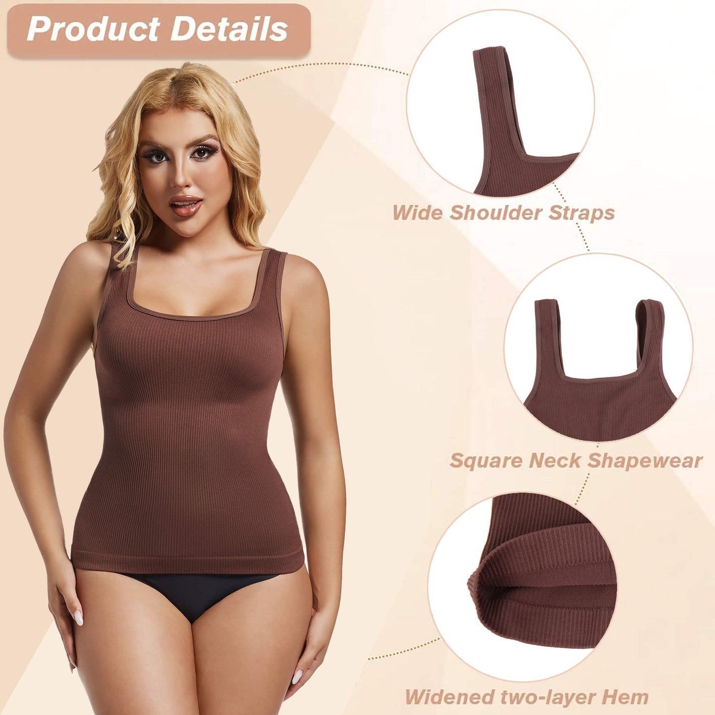 ANYFIT WEAR Women's Square Neck Tummy Control Shapewear Ribbed Tank Tops Compression Camisole Slimming Body Shaper