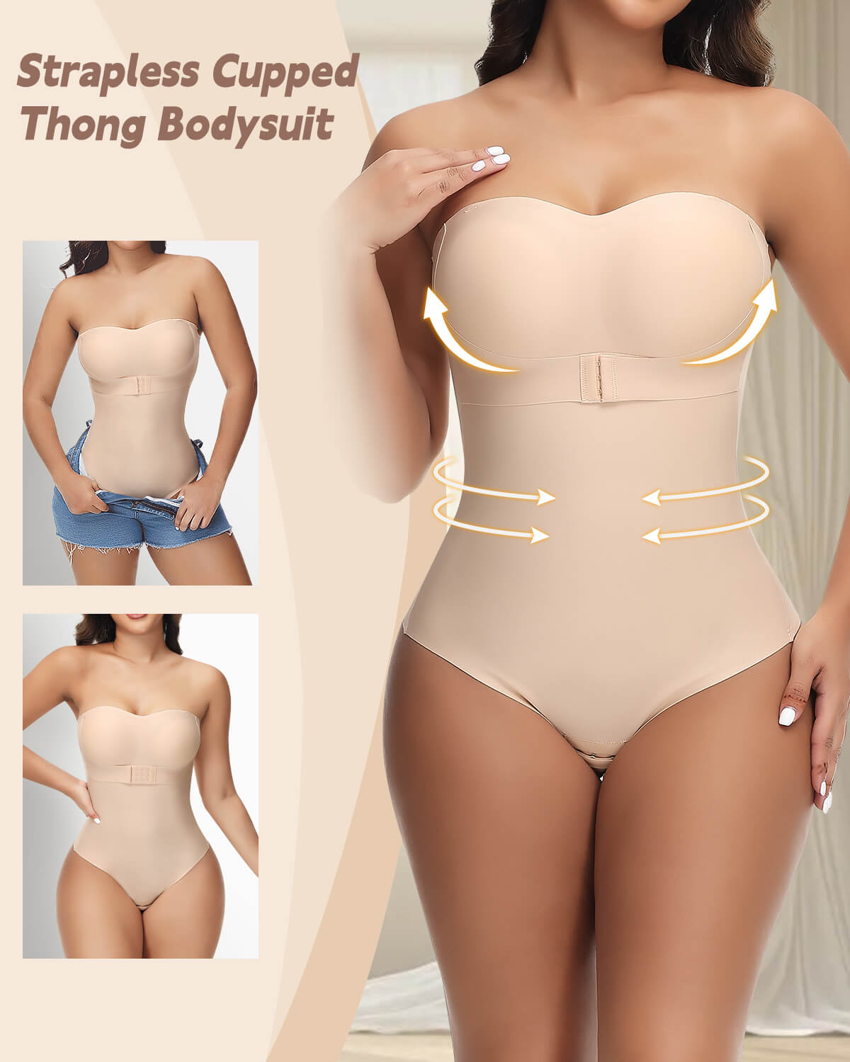 MANIFIQUE Strapless Shapewear Bodysuit Tummy Control for Women Faja Strapless Cupped Thong Bodysuit