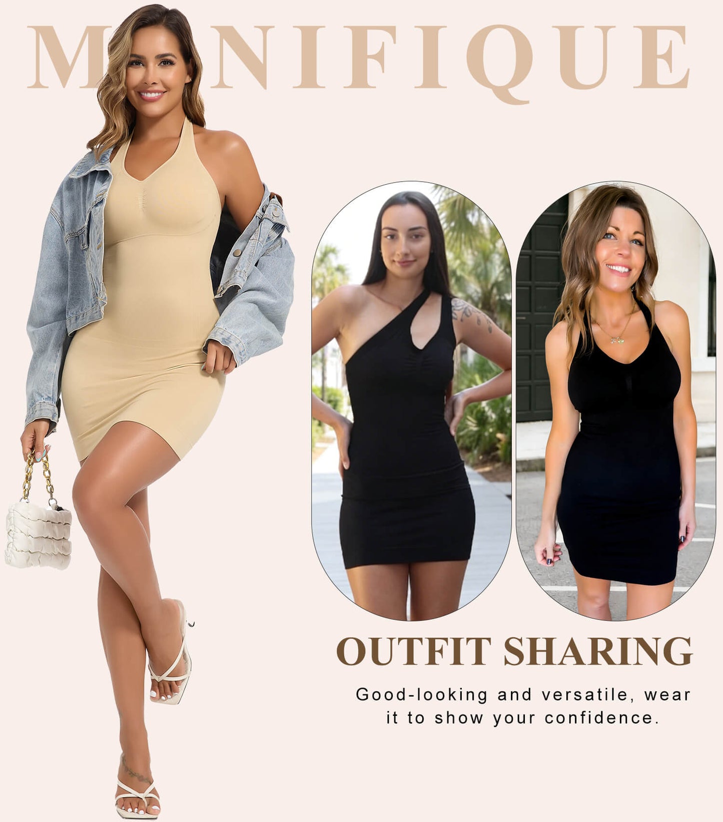 MANIFIQUE Shapewear Slip Dress with Built in Bra for Women V-Neck Halter Tummy Control Full Slips Convertible straps