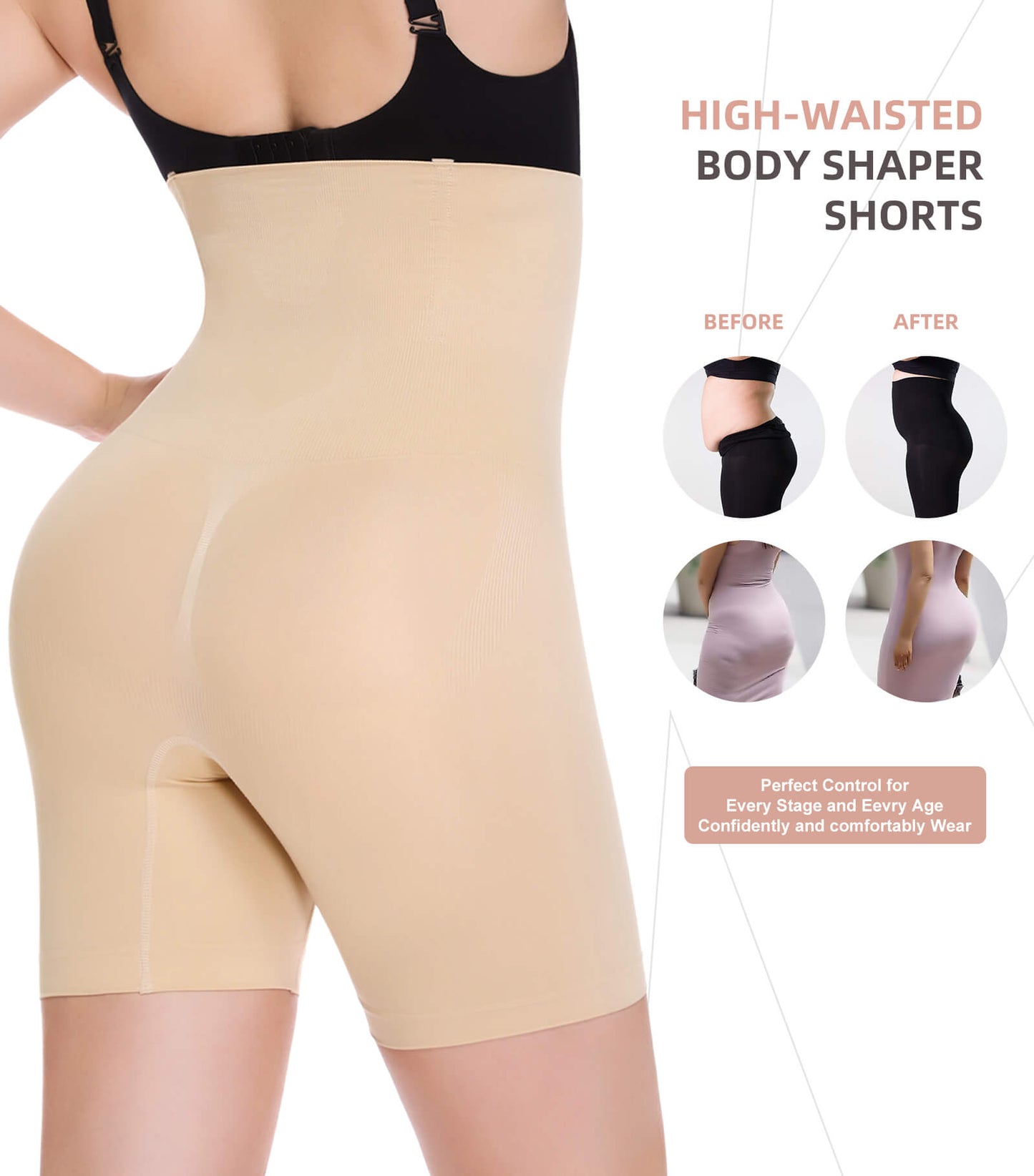 MANIFIQUE High Waisted Body Shaper Shorts Shapewear for Women Tummy Control Full-Thigh Short, Sizes Small-3XL