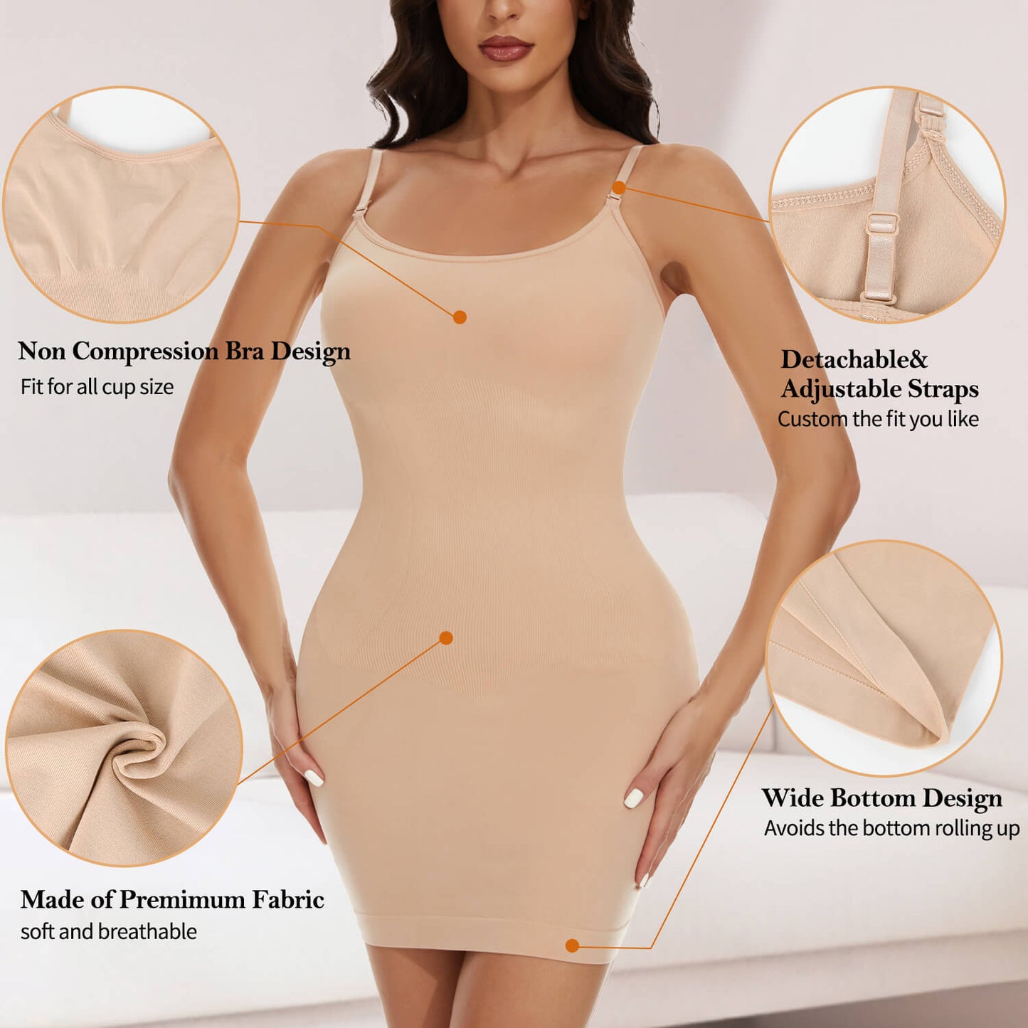 MANIFIQUE Shapewear Slips for Under Dresses Women's Tummy Control Body Shaper Slimming Seamless Cami Slip