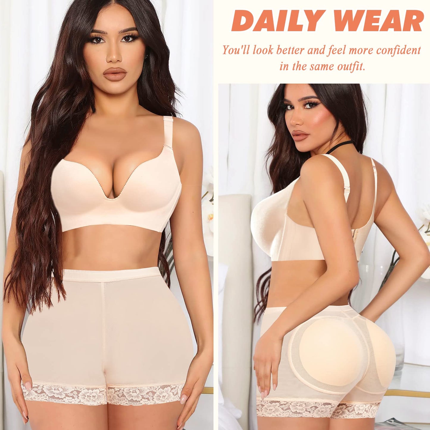MANIFIQUE Padded Underwear for Women Butt Lifter Seamless Booty Pads Butt Enhancer Panties Lace Shapewear Boyshorts