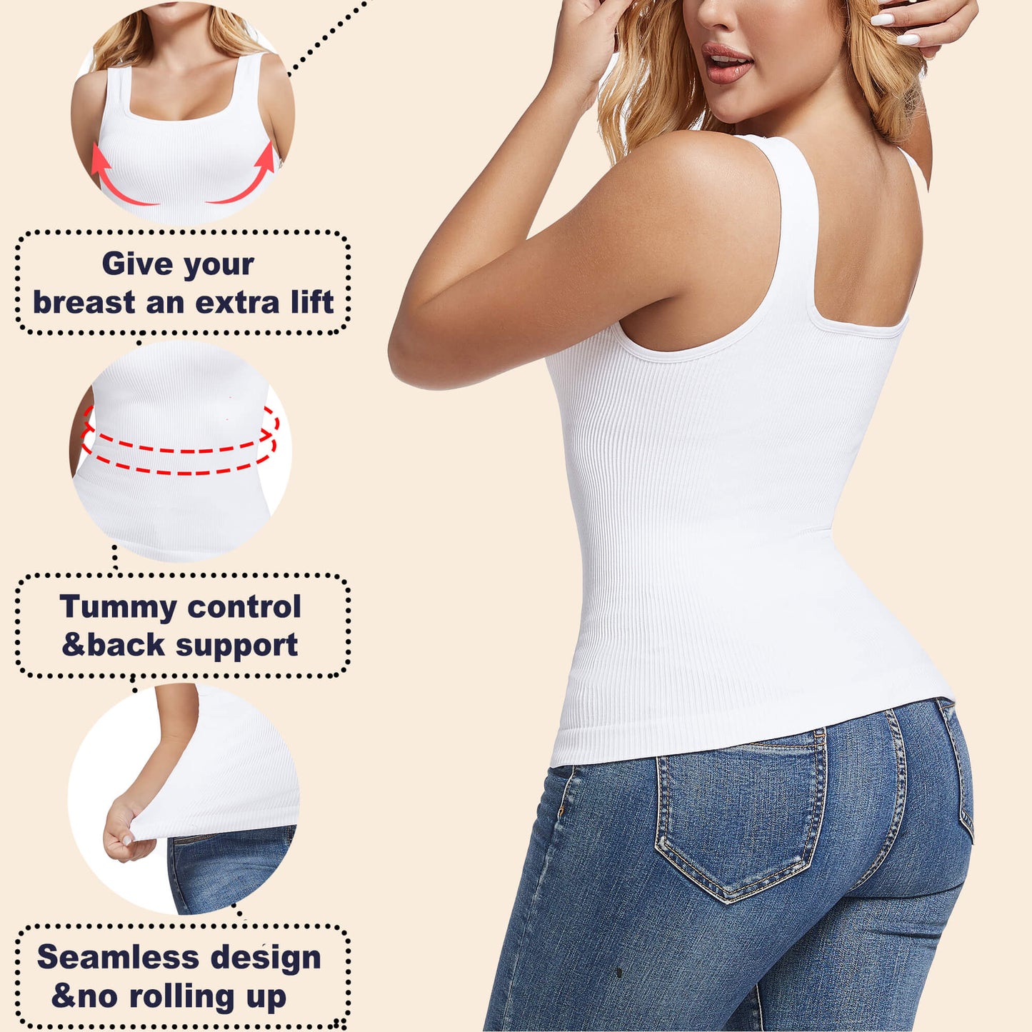 ANYFIT WEAR Women's Square Neck Tummy Control Shapewear Ribbed Tank Tops Compression Camisole Slimming Body Shaper