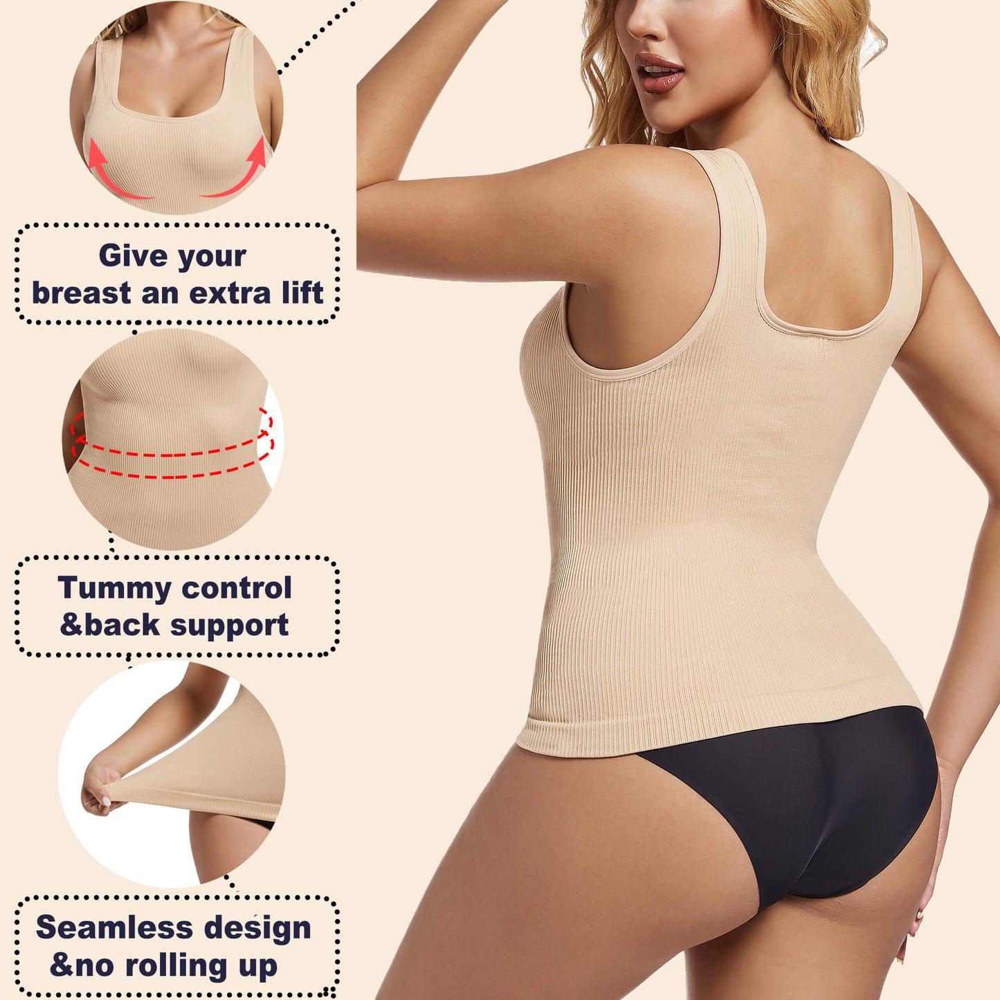 ANYFIT WEAR Women's Square Neck Tummy Control Shapewear Ribbed Tank Tops Compression Camisole Slimming Body Shaper