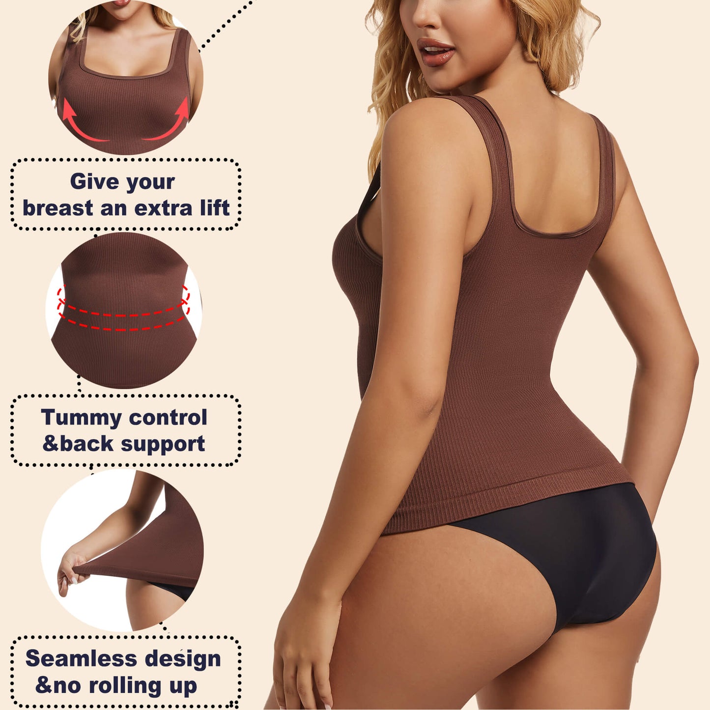 ANYFIT WEAR Women's Square Neck Tummy Control Shapewear Ribbed Tank Tops Compression Camisole Slimming Body Shaper