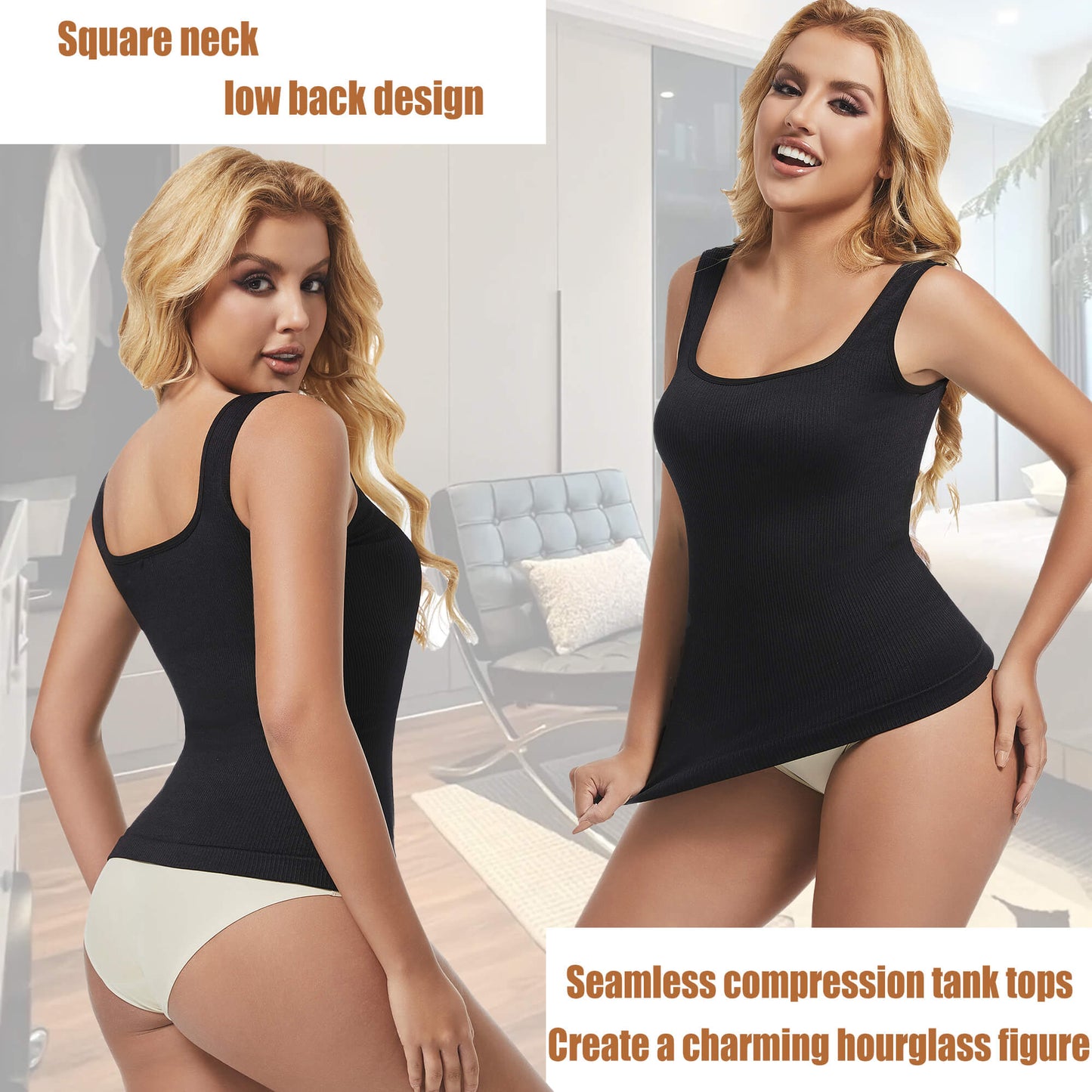 ANYFIT WEAR Women's Square Neck Tummy Control Shapewear Ribbed Tank Tops Compression Camisole Slimming Body Shaper
