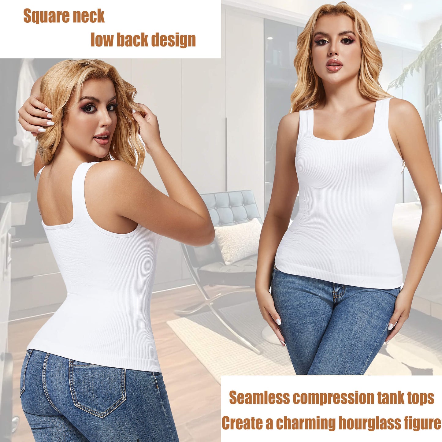 ANYFIT WEAR Women's Square Neck Tummy Control Shapewear Ribbed Tank Tops Compression Camisole Slimming Body Shaper