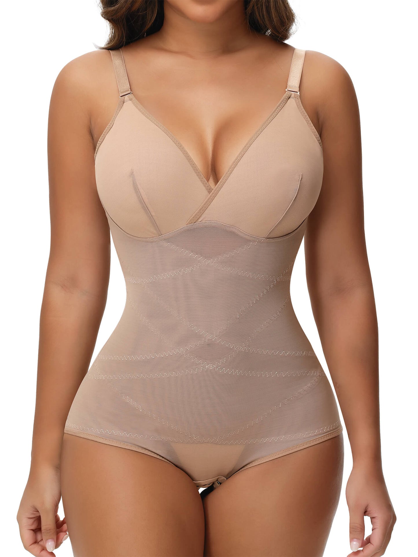 MANIFIQUE Shapewear Bodysuit for Women Tummy Control Body Shaper V-Neck Cami Bodysuit with Built in Bra