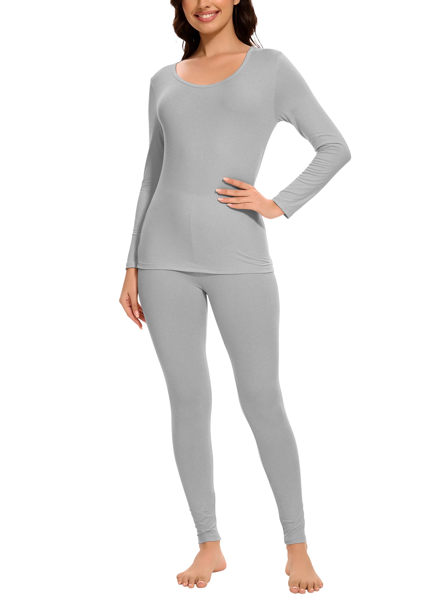 MANIFIQUE Thermal Underwear Set for Women Ultra Thin Long Johns Scoop Neck Base Layer Top & Bottom Set
