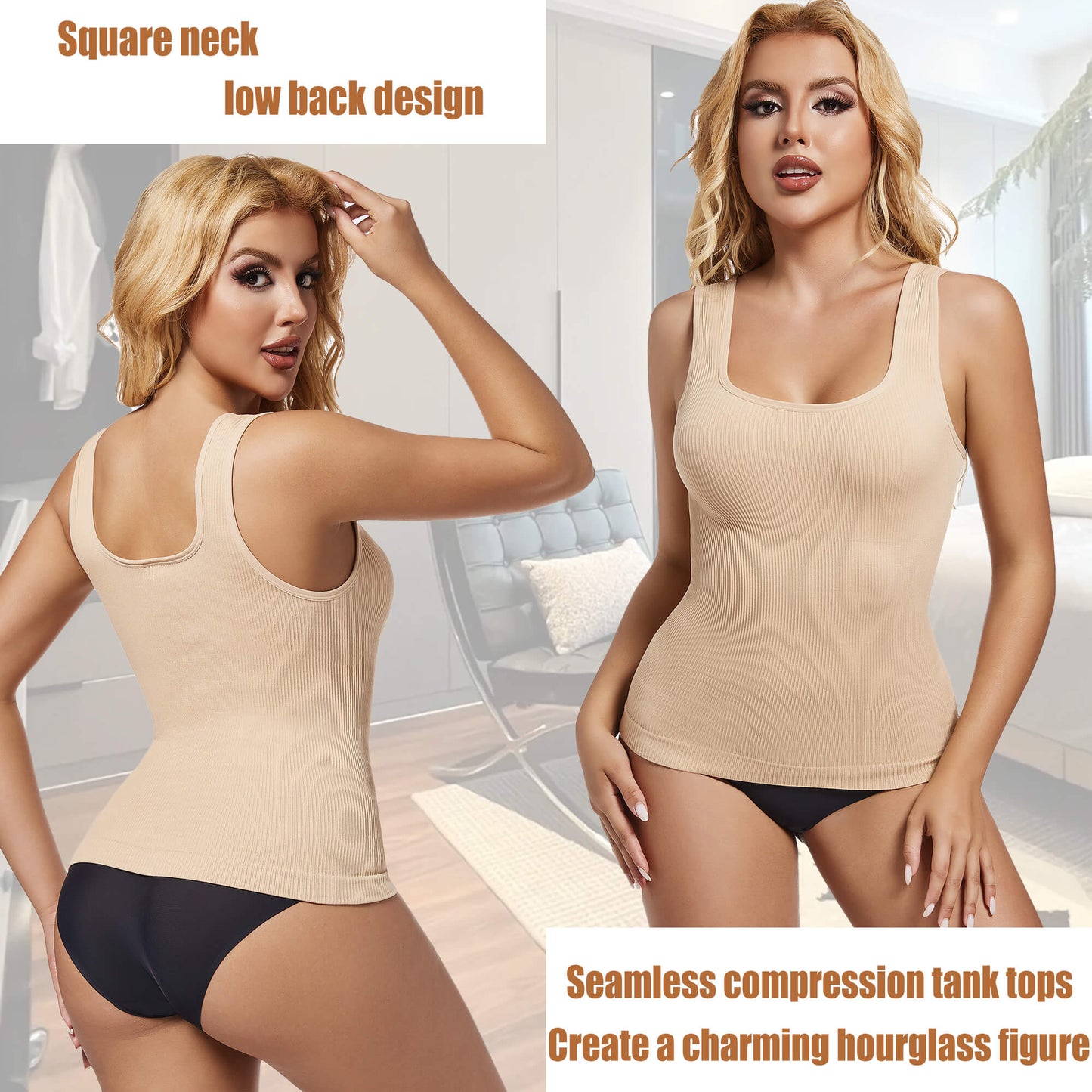 ANYFIT WEAR Women's Square Neck Tummy Control Shapewear Ribbed Tank Tops Compression Camisole Slimming Body Shaper