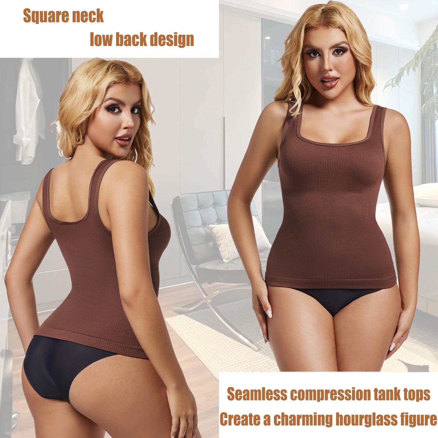 ANYFIT WEAR Women's Square Neck Tummy Control Shapewear Ribbed Tank Tops Compression Camisole Slimming Body Shaper