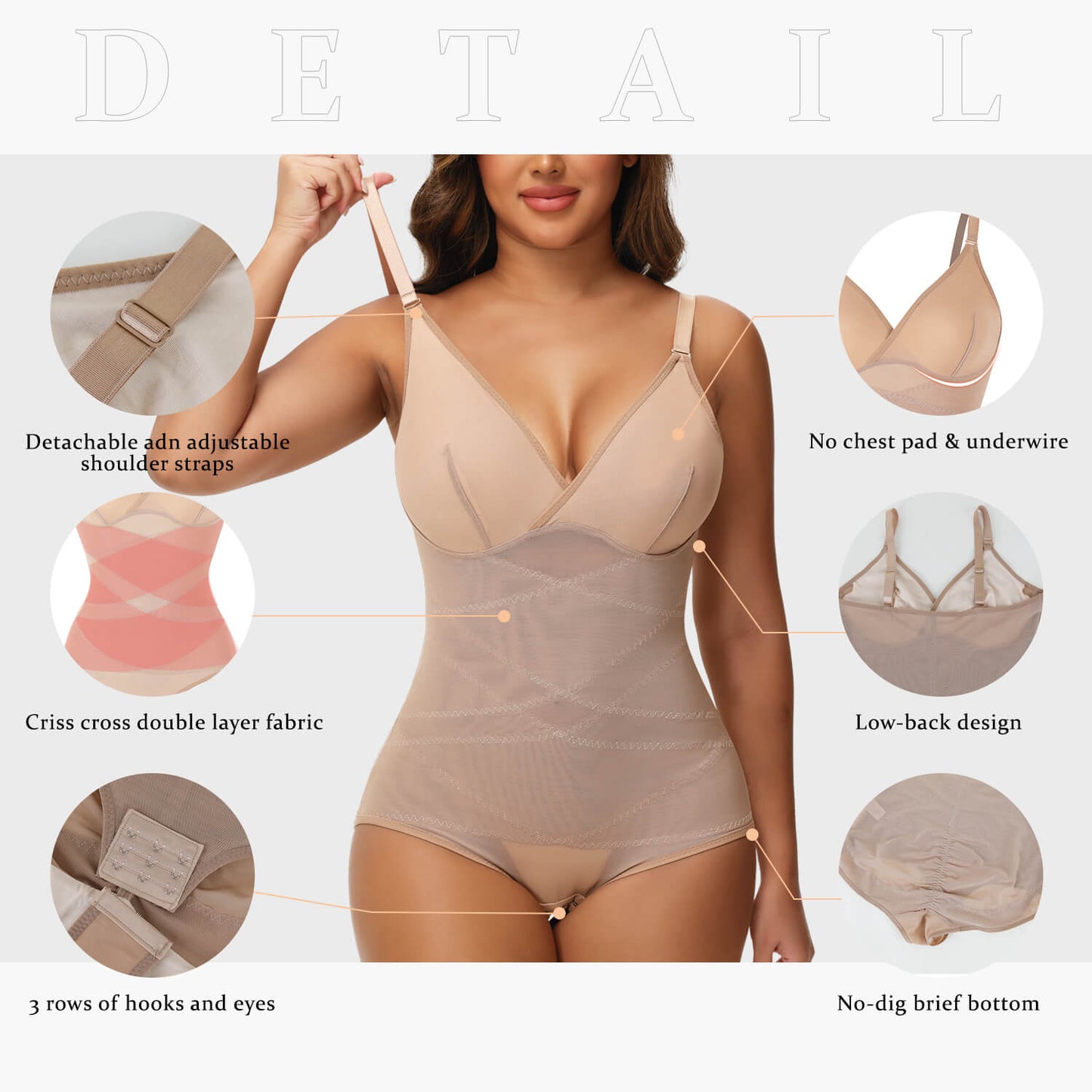 MANIFIQUE Shapewear Bodysuit for Women Tummy Control Body Shaper V-Neck Cami Bodysuit with Built in Bra