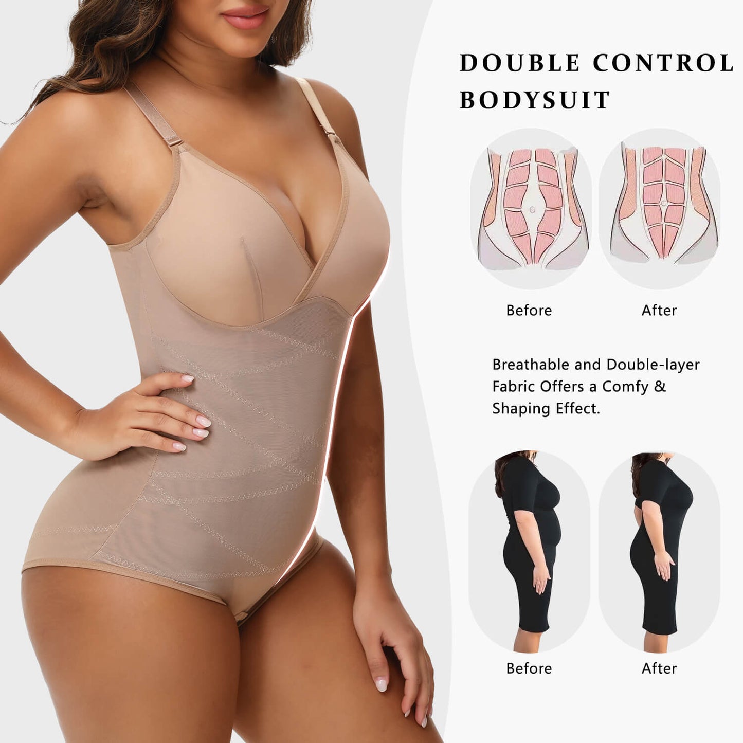 MANIFIQUE Shapewear Bodysuit for Women Tummy Control Body Shaper V-Neck Cami Bodysuit with Built in Bra