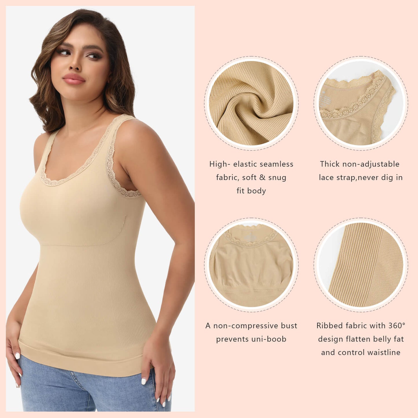 MANIFIQUE 2 Packs Women Tummy Control Shapewear Lace Tank Tops Seamless Compression Tops Slimming Body Shaper Camisole