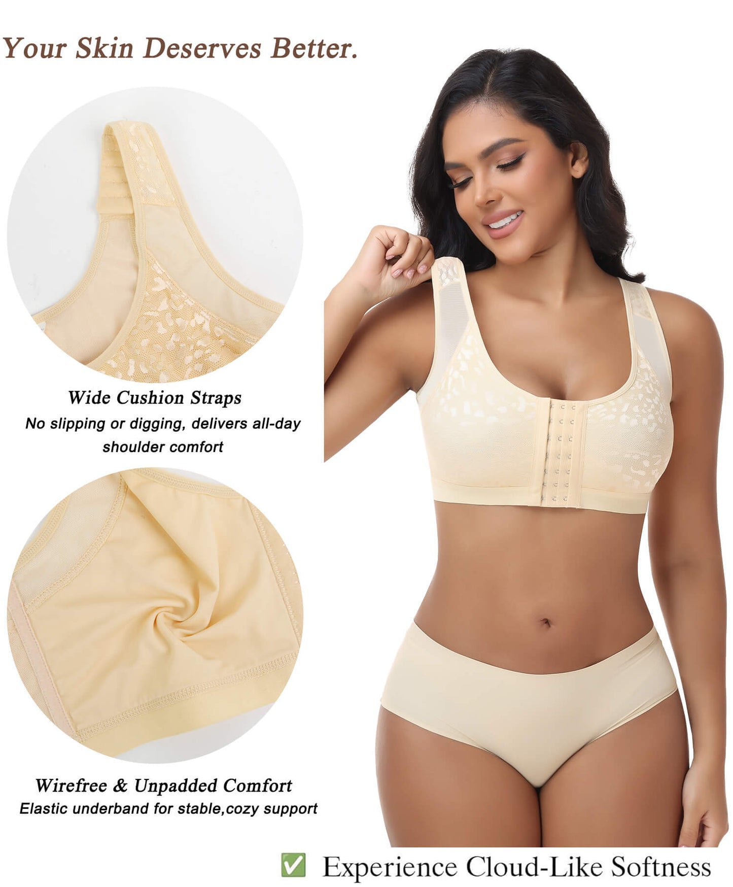 MANIFIQUE Women's Full Figure Front Closure Wirefree Jacquard Back Support Posture Bra