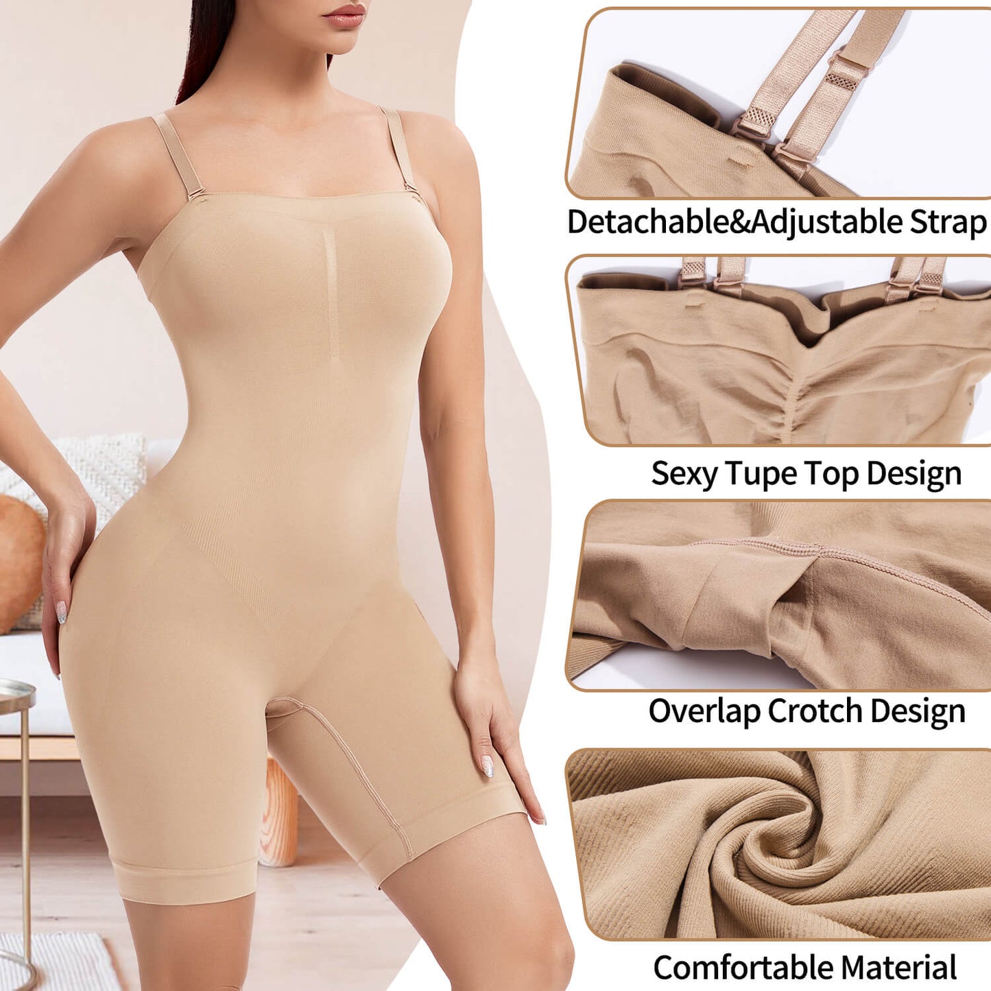 MANIFIQUE Strapless Shortie Bodysuit for Women Tummy Control Shapewear with Removable Straps