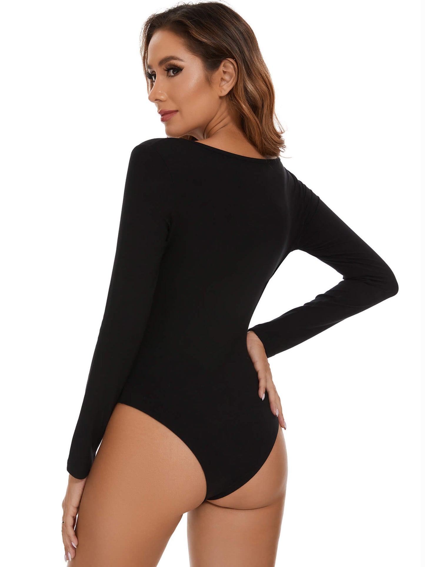 MANIFIQUE Women's Sexy Square Neck Bodysuit Long Sleeve Double Lined Shirt Tops