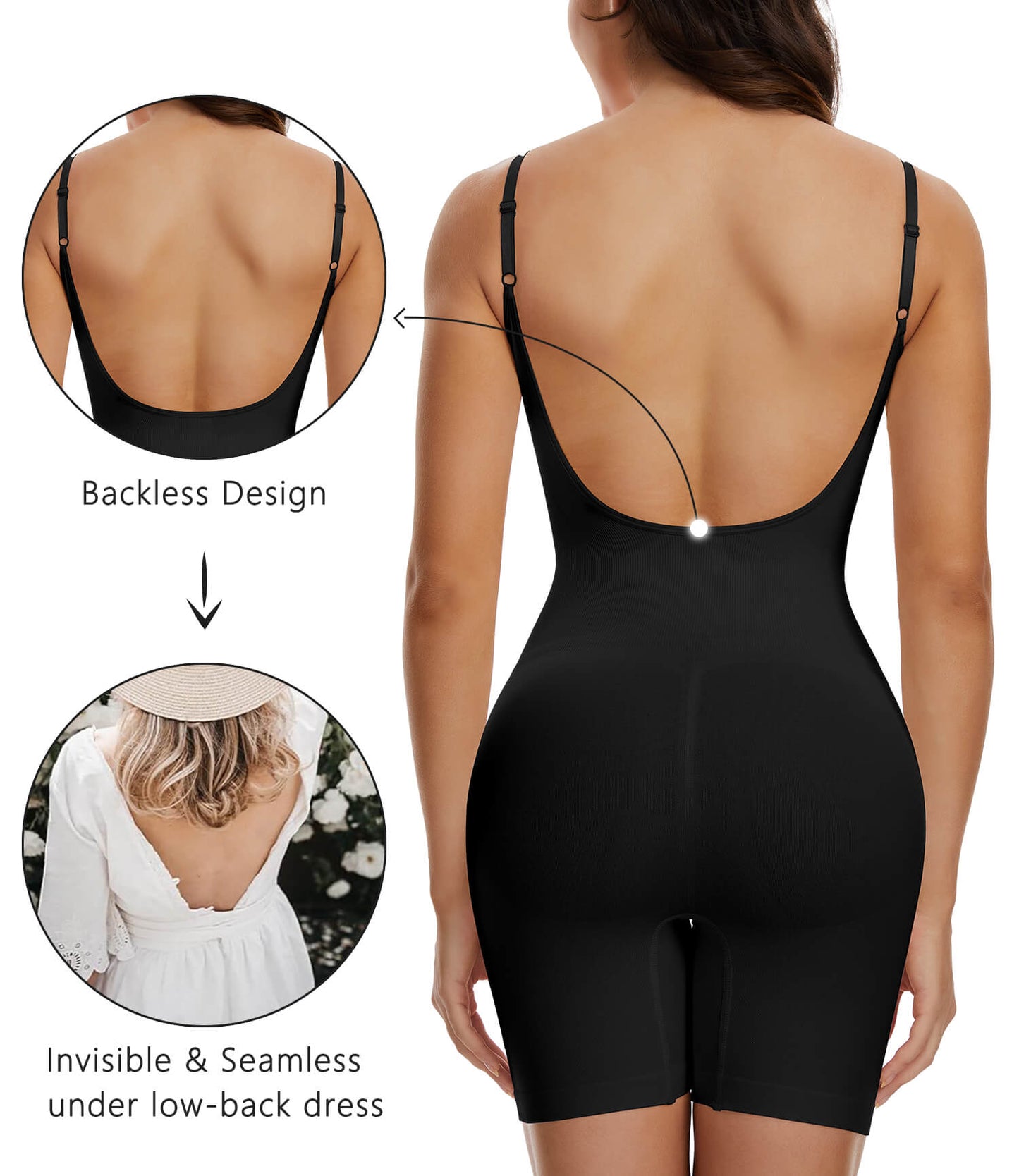 MANIFIQUE 3 Packs Low Back Mid Thigh Bodysuit Shapewear for Women Tummy Control Butt Lifter Backless Faja Body Shaper