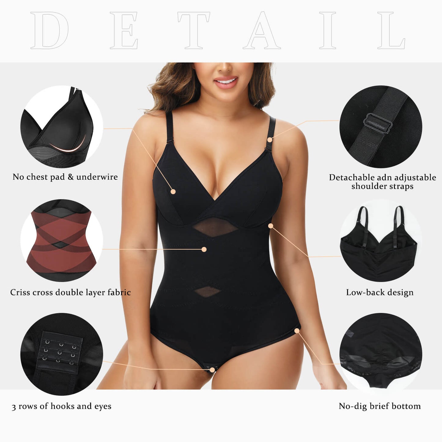 MANIFIQUE Shapewear Bodysuit for Women Tummy Control Body Shaper V-Neck Cami Bodysuit with Built in Bra