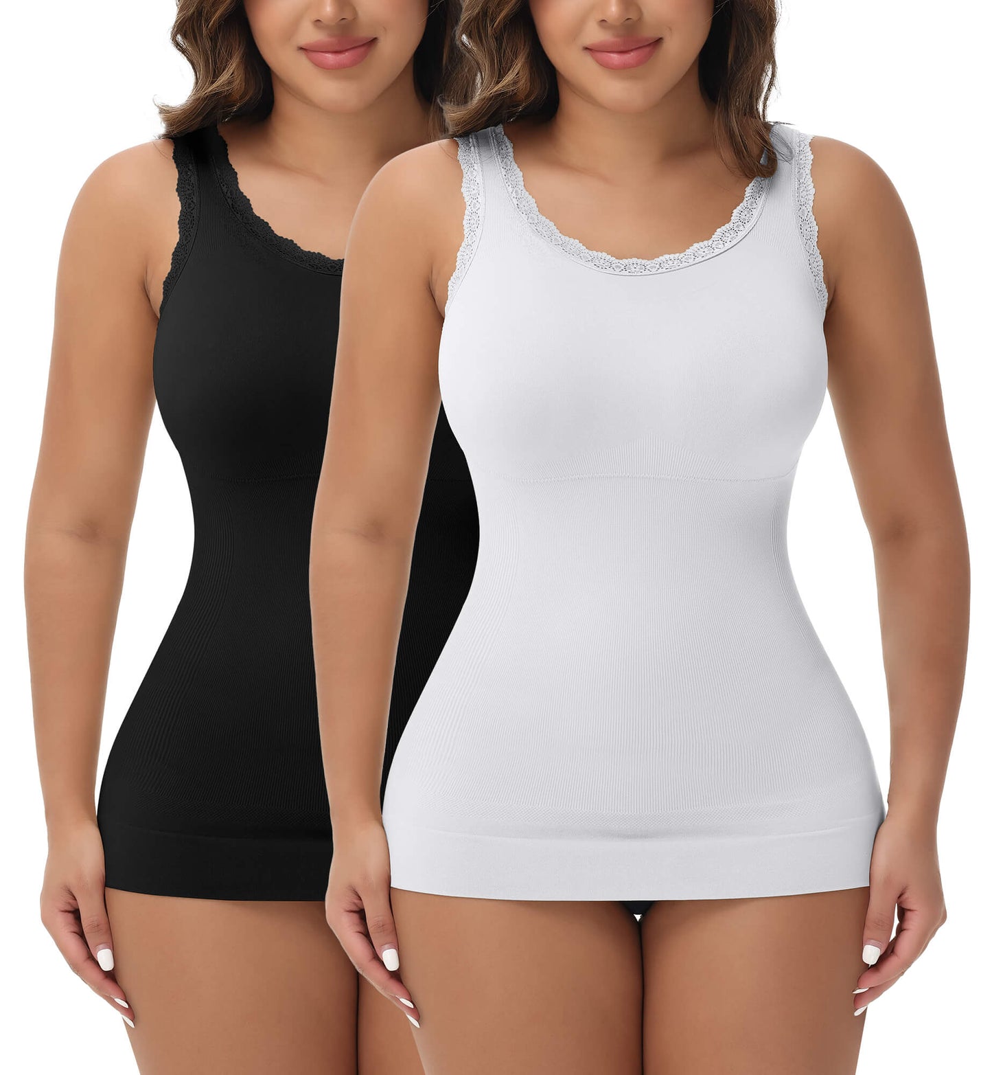 MANIFIQUE 2 Packs Women Tummy Control Shapewear Lace Tank Tops Seamless Compression Tops Slimming Body Shaper Camisole