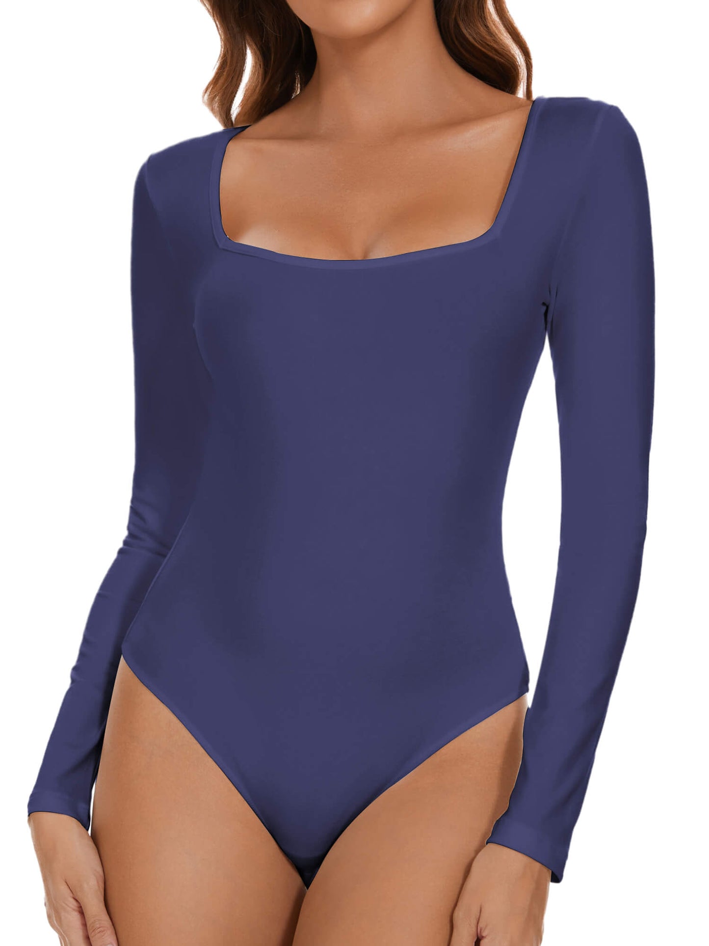 MANIFIQUE Women's Sexy Square Neck Bodysuit Long Sleeve Double Lined Shirt Tops