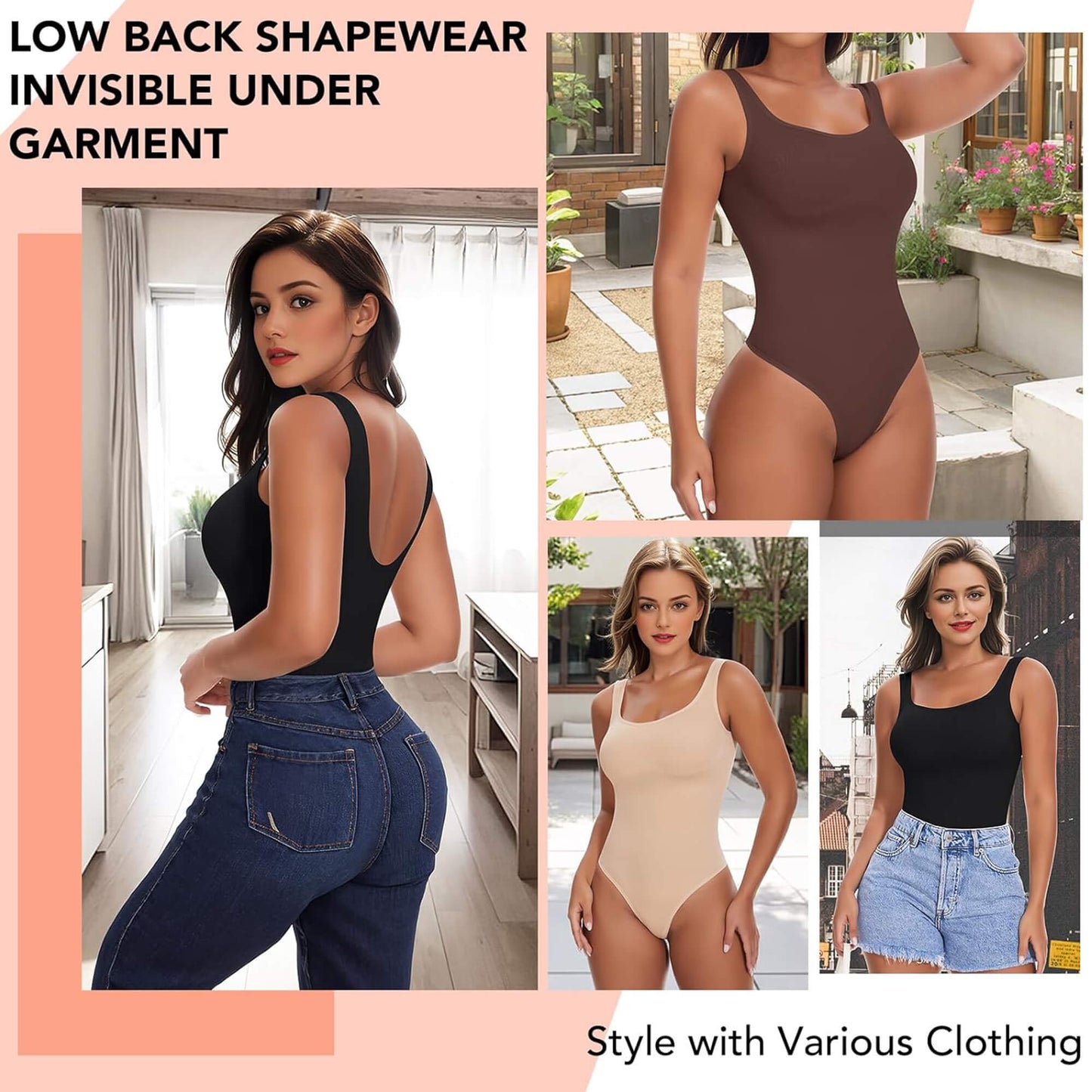 ANYFIT WEAR Backless Square Neck Bodysuit Shapewear for Women Full Body Shaper Tummy Control Butt Lifting Seamless Slimming Tank Top