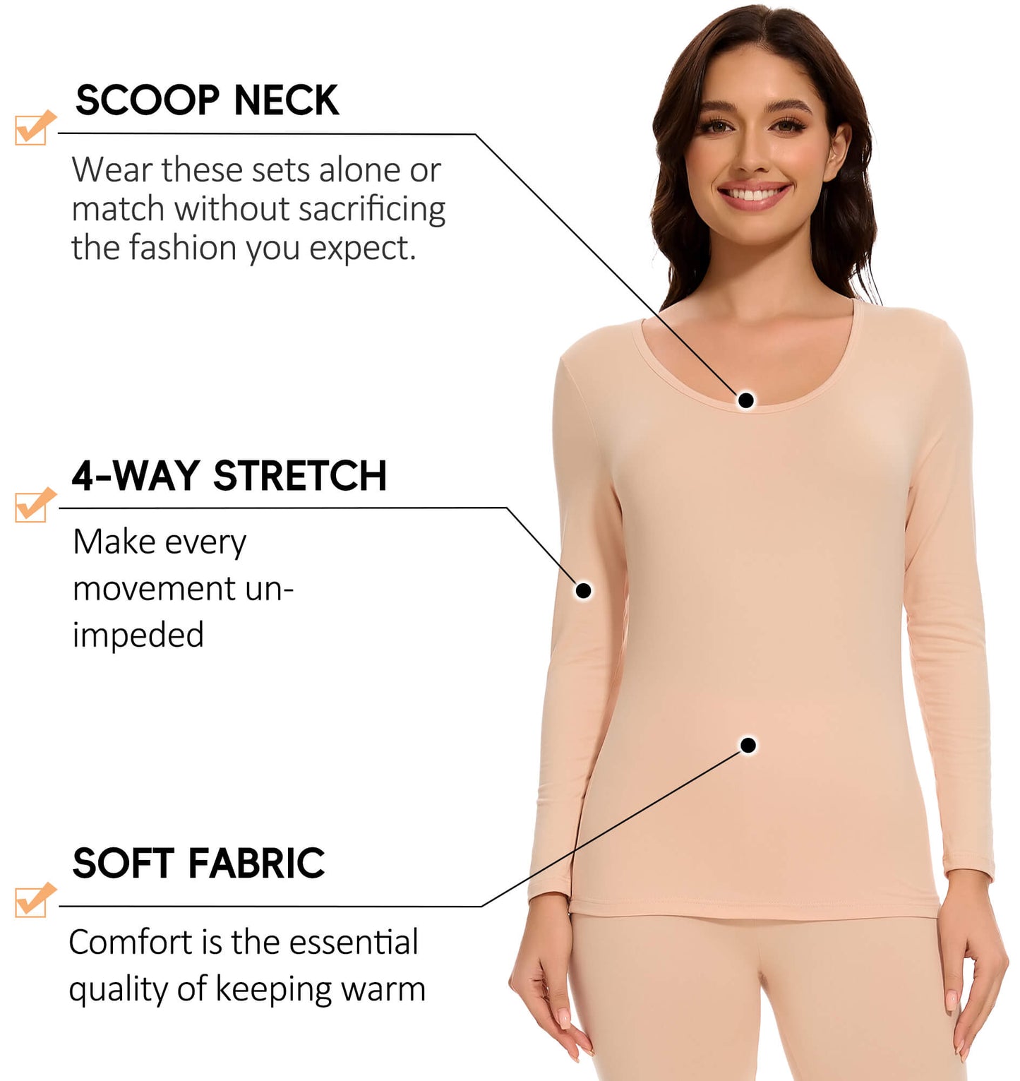 MANIFIQUE Thermal Underwear Set for Women Ultra Thin Long Johns Scoop Neck Base Layer Top & Bottom Set