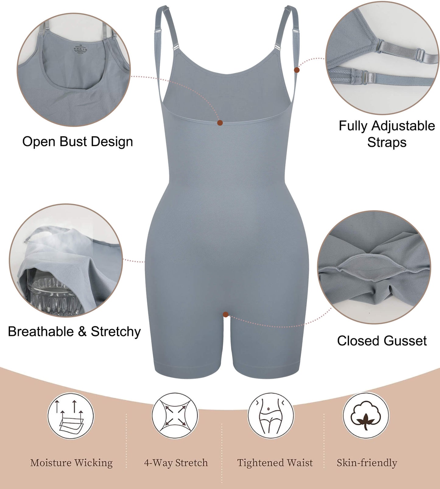 MANIFIQUE Plus Size Open-Bust Shapewear Tummy Control Mid-Thigh Bodysuit, High-Waist Thigh Slimmer, Shapewear for Women