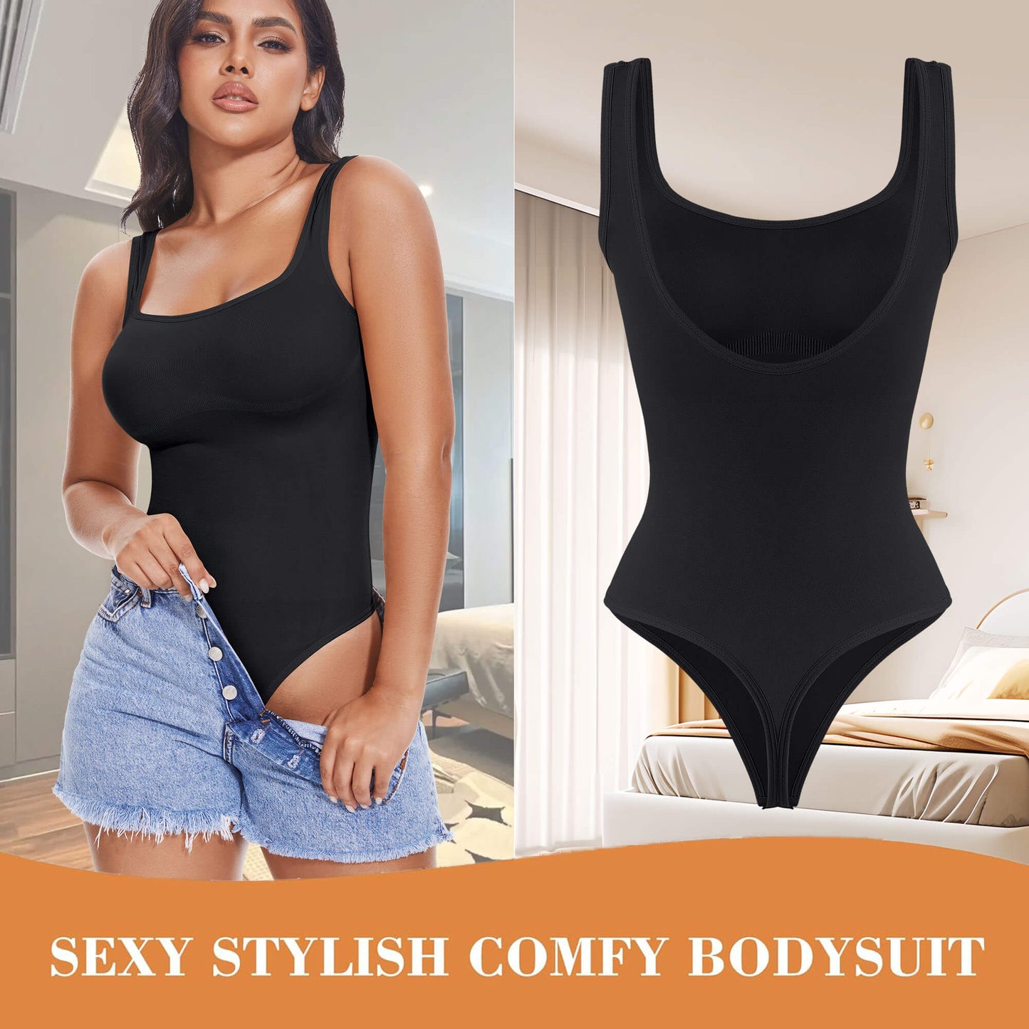 ANYFIT WEAR Backless Square Neck Bodysuit Shapewear for Women Full Body Shaper Tummy Control Butt Lifting Seamless Slimming Tank Top