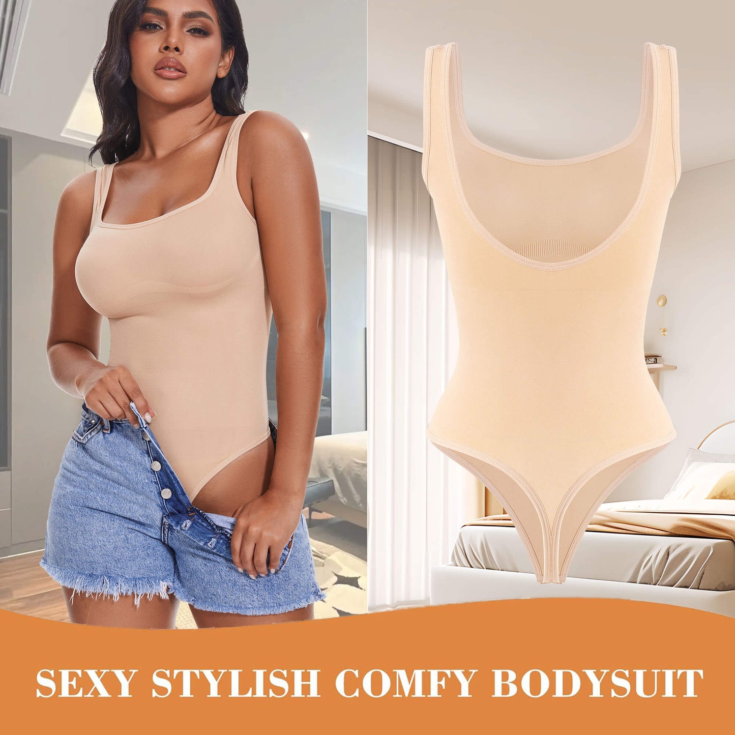 ANYFIT WEAR Backless Square Neck Bodysuit Shapewear for Women Full Body Shaper Tummy Control Butt Lifting Seamless Slimming Tank Top